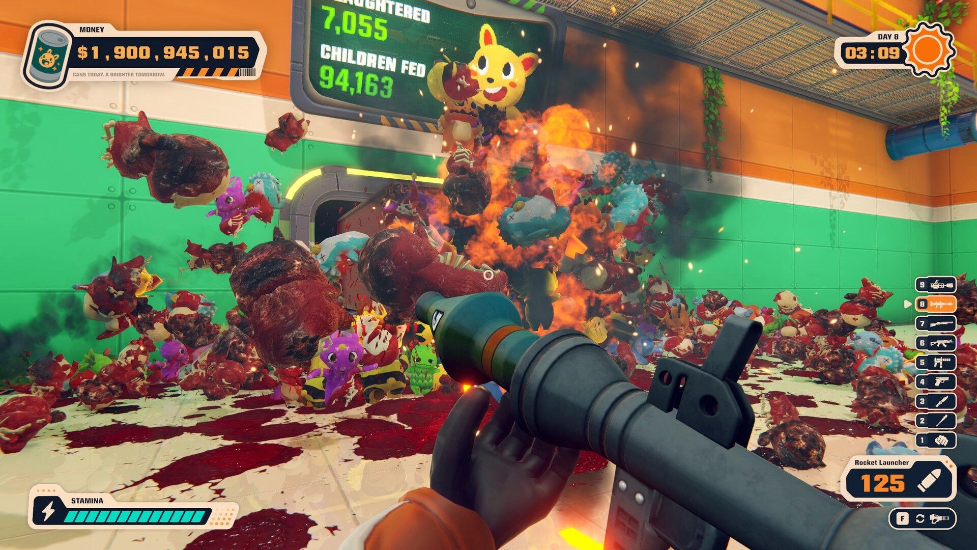 Can 'Em All: Rocket launcher blast amid flying creature chunks in factory room with money HUD and timer.