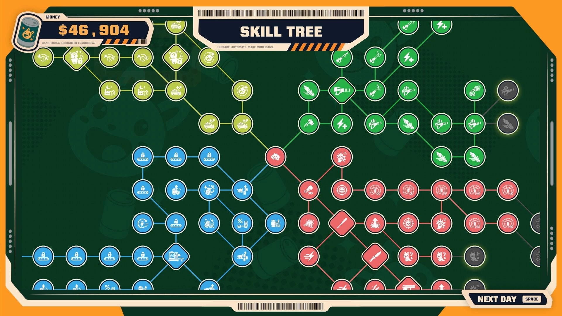 Can 'Em All: Skill tree upgrade screen with $46,904 and branching perk nodes on green background.