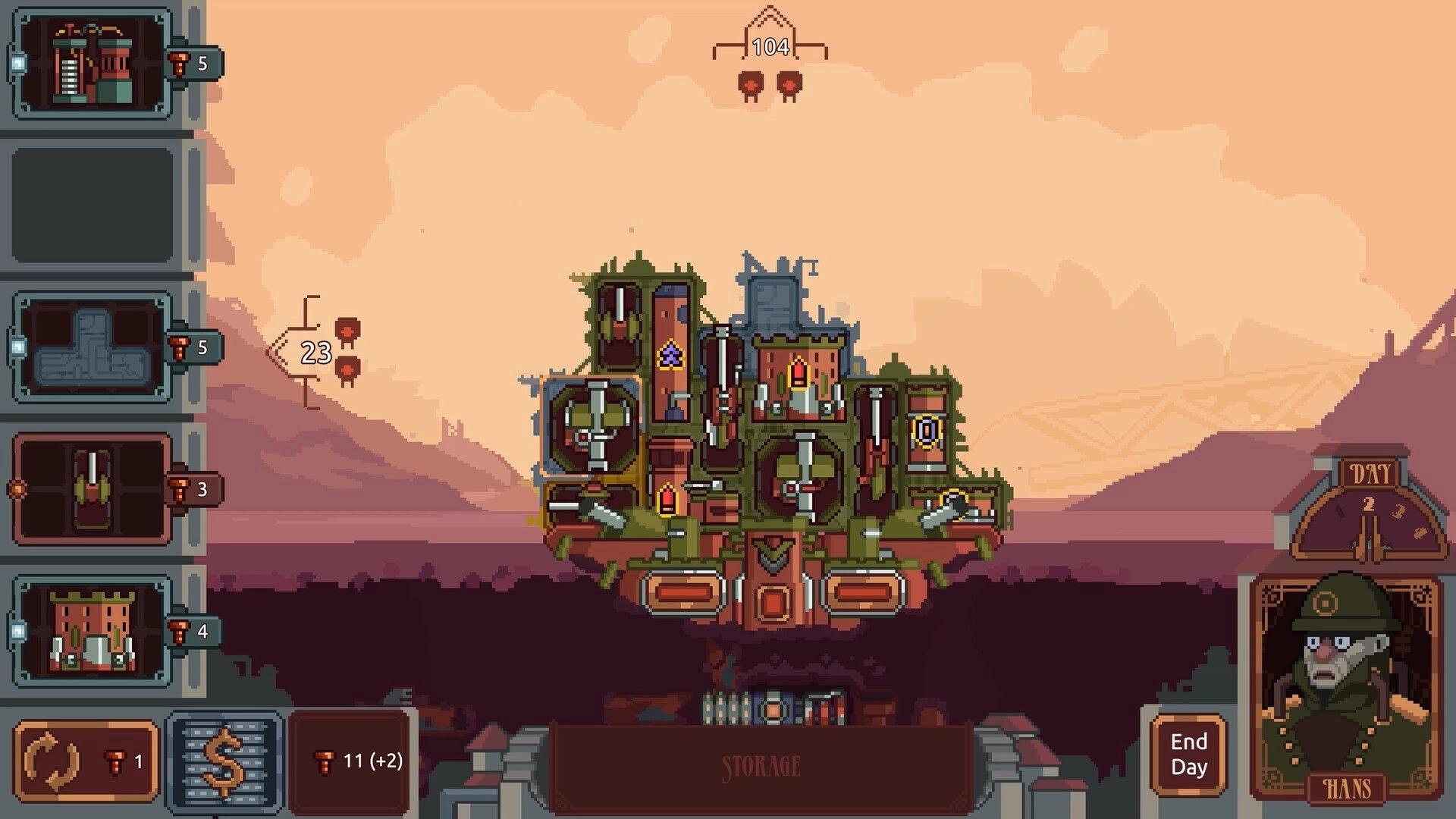 Cannon Keep: Base-building view with stacked cannon blocks and day UI over a desert canyon backdrop.