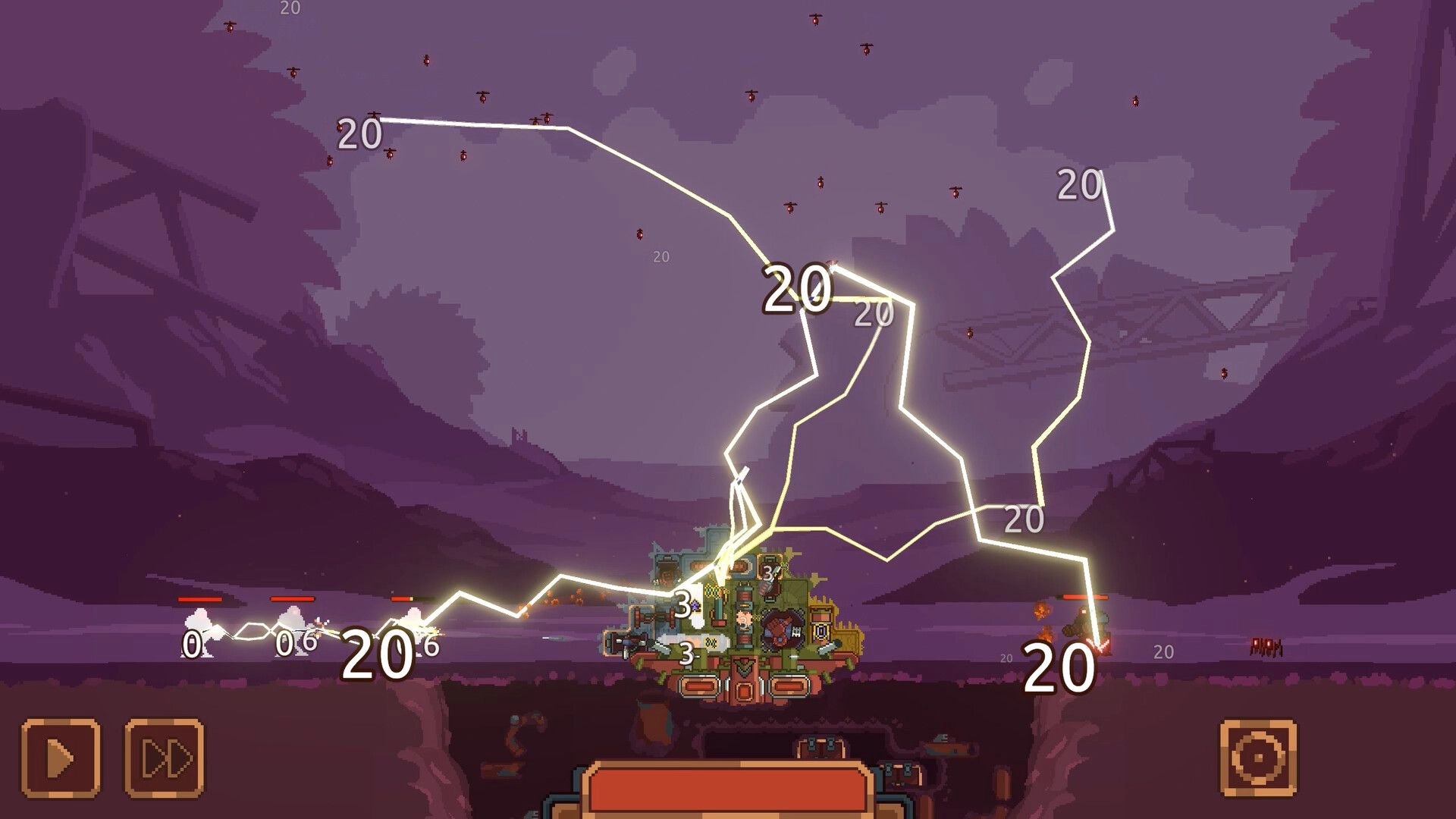 Cannon Keep: Lightning cannon chains 20-damage hits across enemies around a blocky base at dusk.