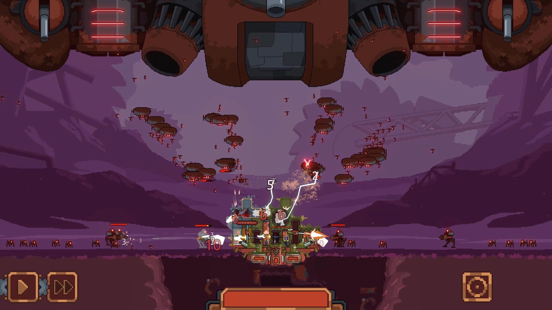 Cannon Keep: Cannons defend a blocky base as drones swarm under a huge mech in a purple wasteland sky.
