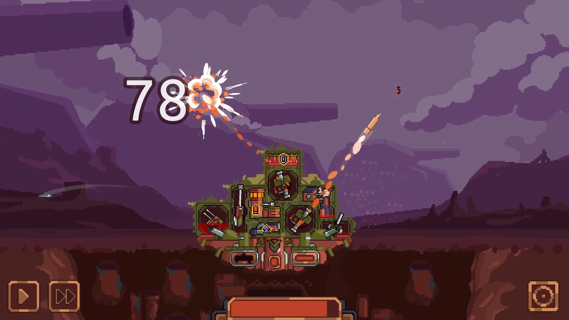 Cannon Keep: Cannons fire missiles from a blocky base, damage 78 pops in a purple wasteland sky.