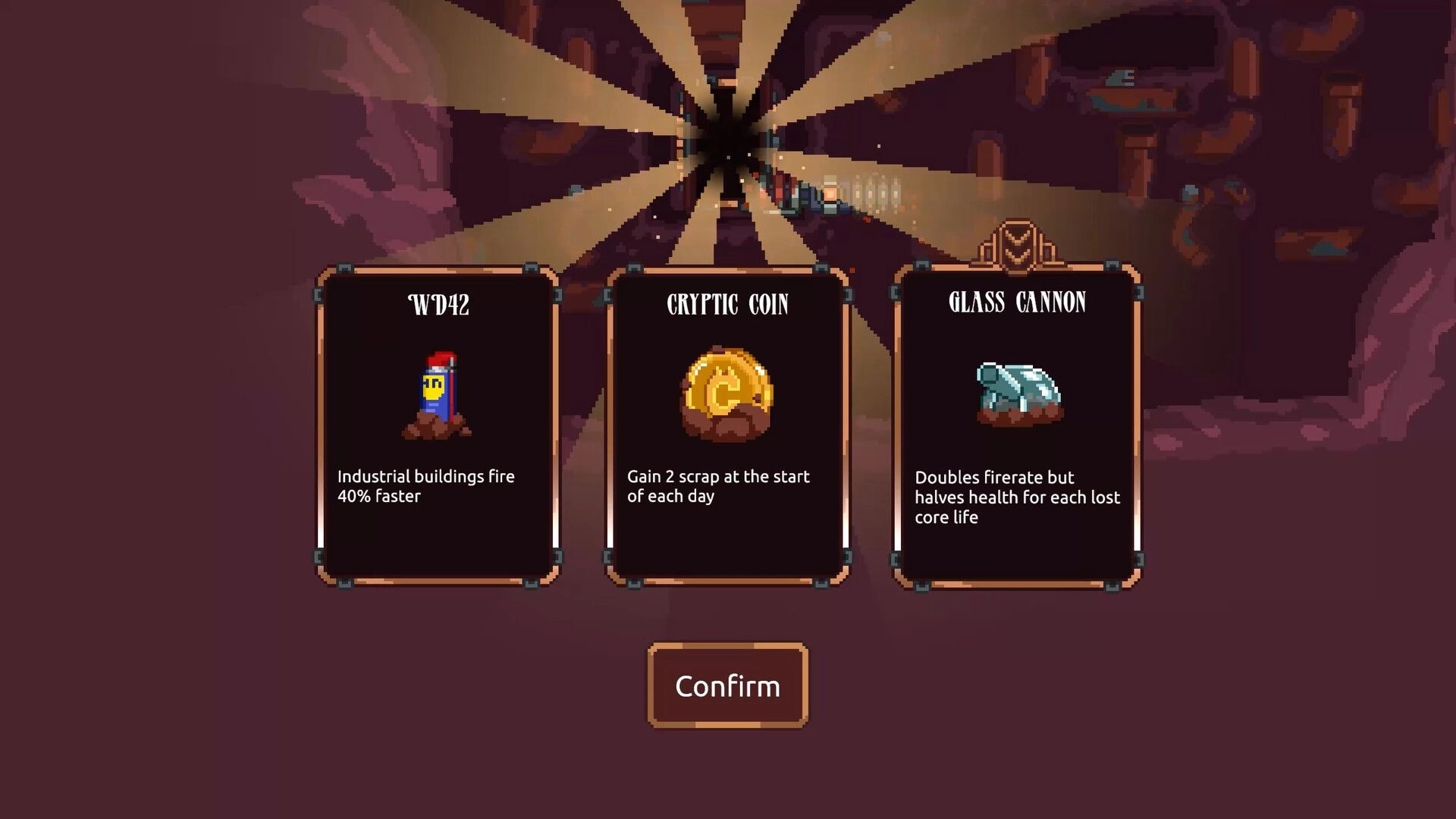 Cannon Keep: Reward selection UI with WD42, Cryptic Coin, and Glass Cannon cards in cave backdrop.