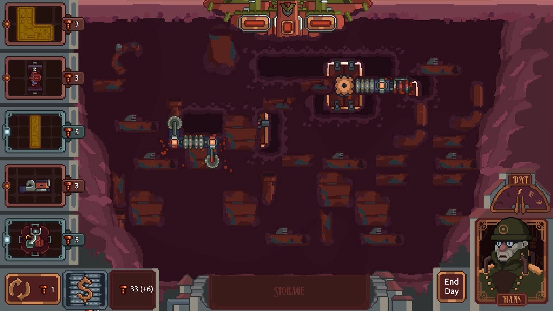 Cannon Keep: Underground build grid with conveyor machines and storage UI in purple cavern map view.