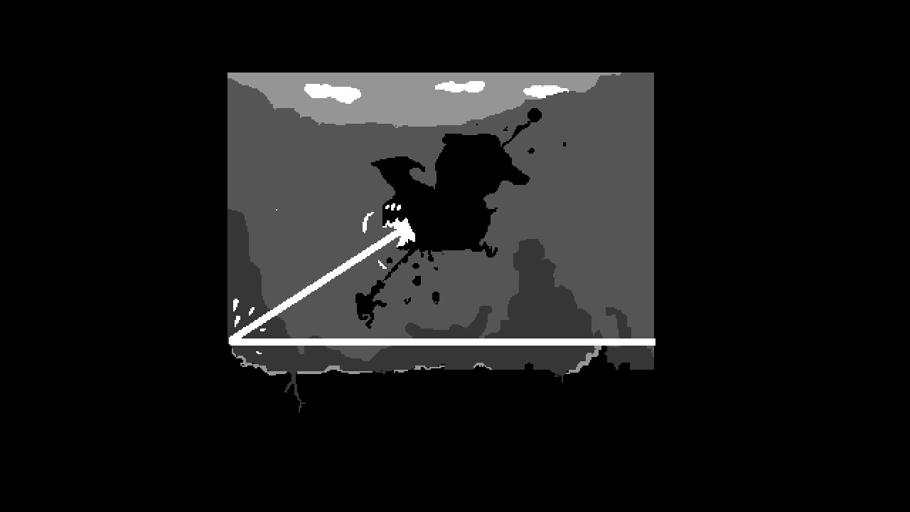 Cannonpistol: Silhouetted boss hit by a bright beam attack in a gray cavern arena with HUD bar.