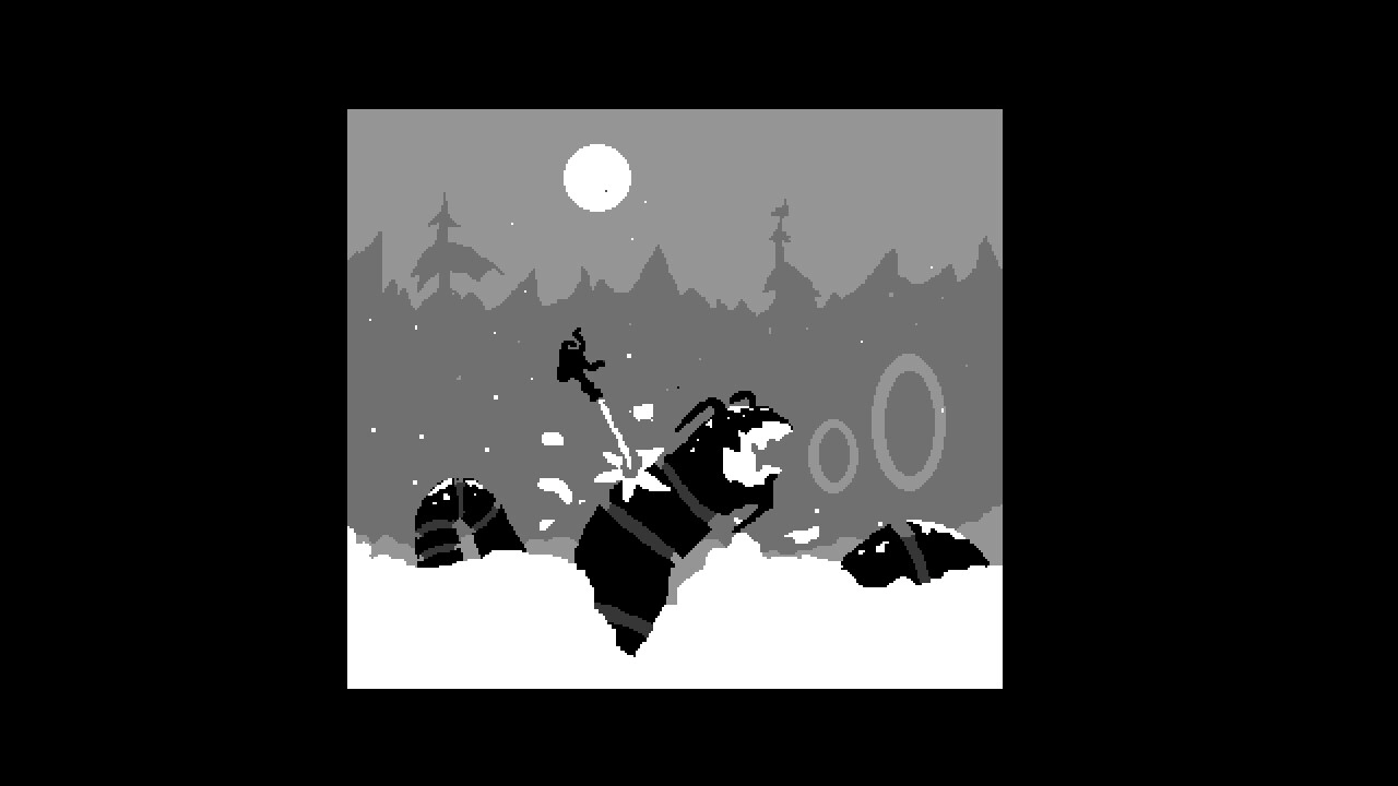 Cannonpistol: Pixel hero fires at a hulking foe amid debris and ring projectiles in snowy night field.