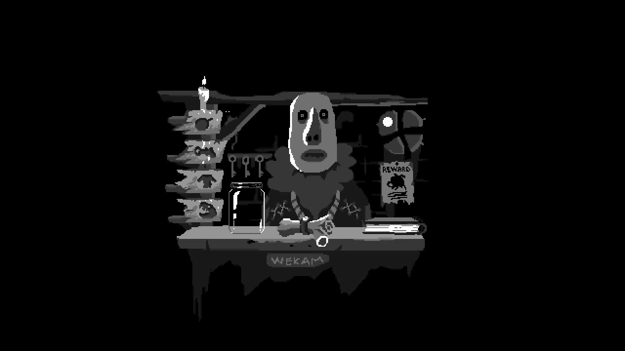 Cannonpistol: Shopkeeper behind counter with gun and items, reward poster and shelves in dim cabin interior.