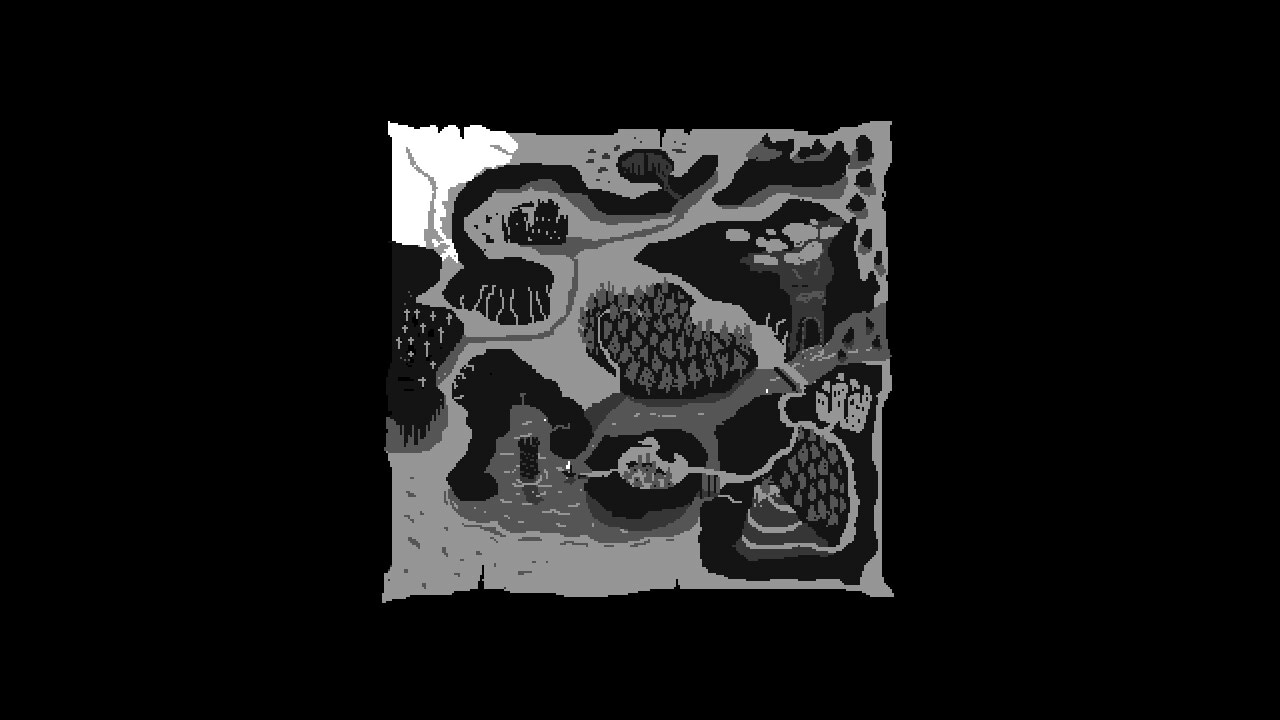 Cannonpistol: Hand-drawn world map with winding paths, forests, caves, and coastal islands on parchment.