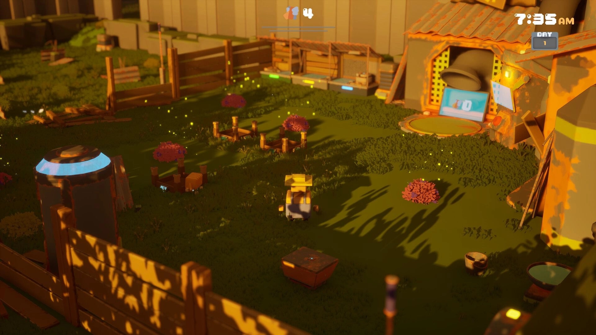 Can't Stop Rory: Character tends to crops on sunny post-apocalyptic farm with wooden fences and equipment.
