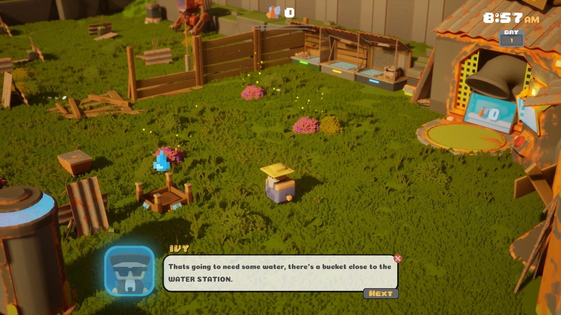 Can't Stop Rory: Farmer character near wooden fence, crafting station, and dialogue box on grassy farm