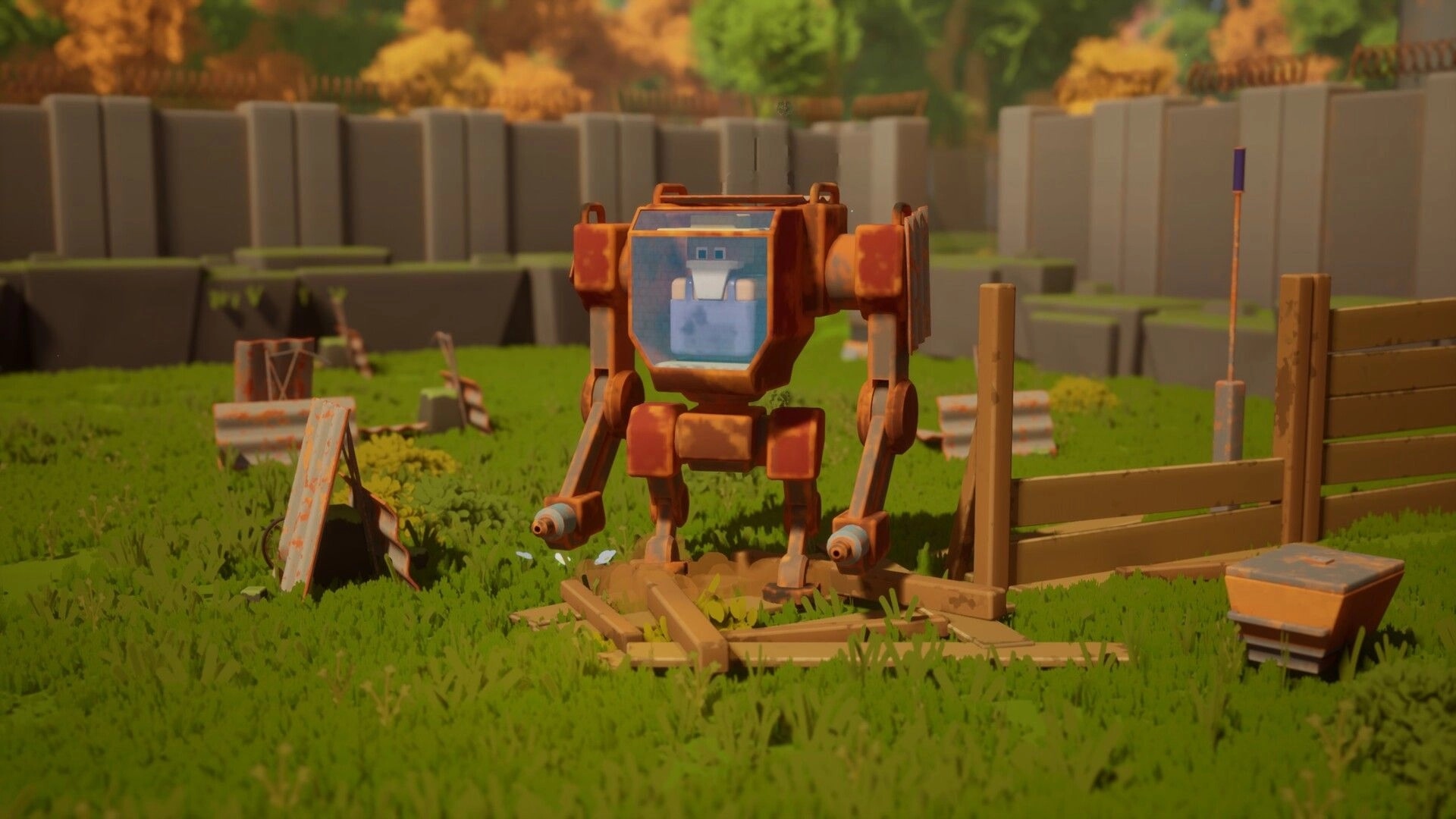 Can't Stop Rory: Rusty mech stands guard in grassy post-apocalyptic farm with scattered metal debris.