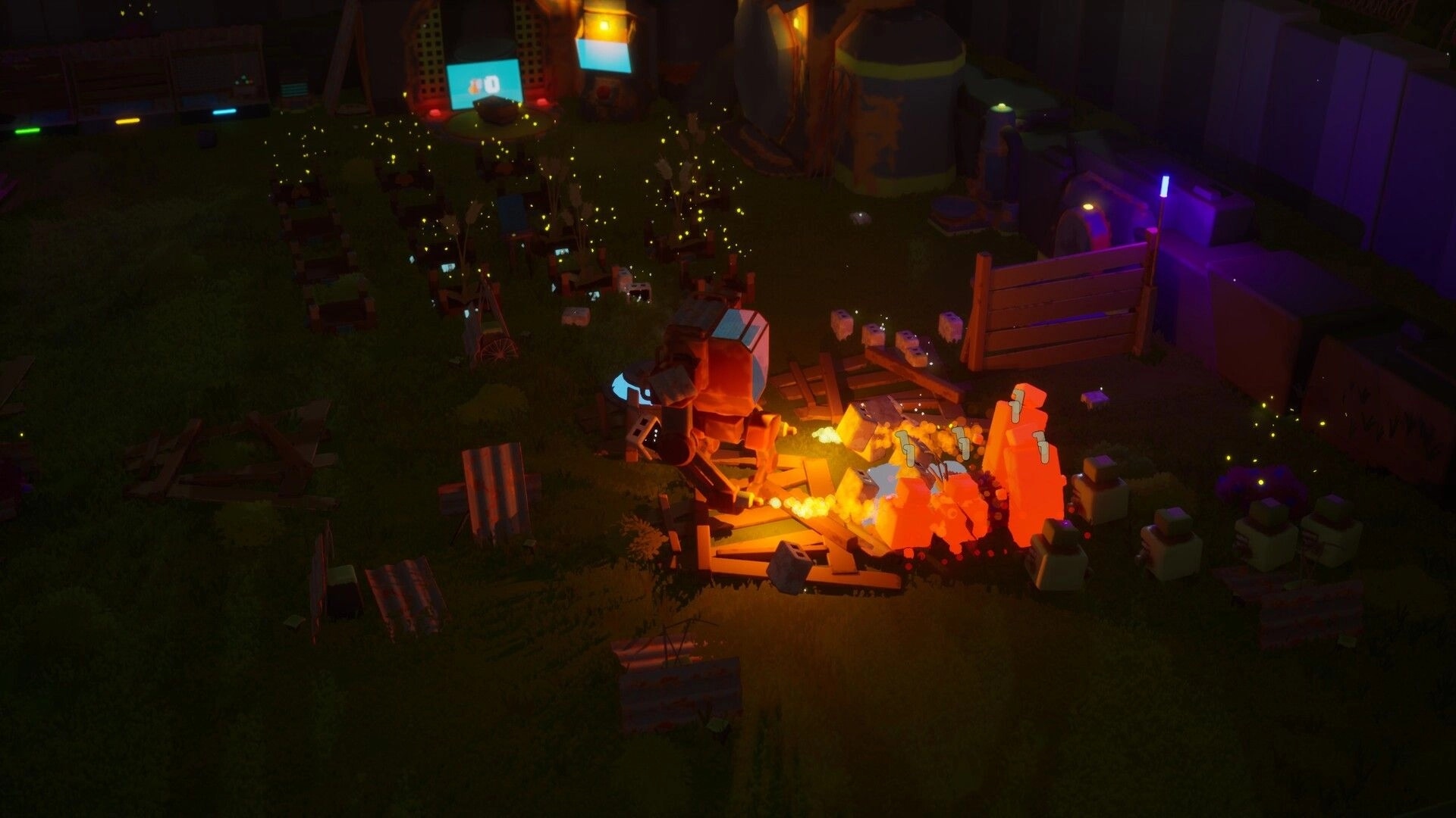 Can't Stop Rory: Nighttime farm defense with a mech battling Unfed in a dimly lit post-apocalyptic setting.