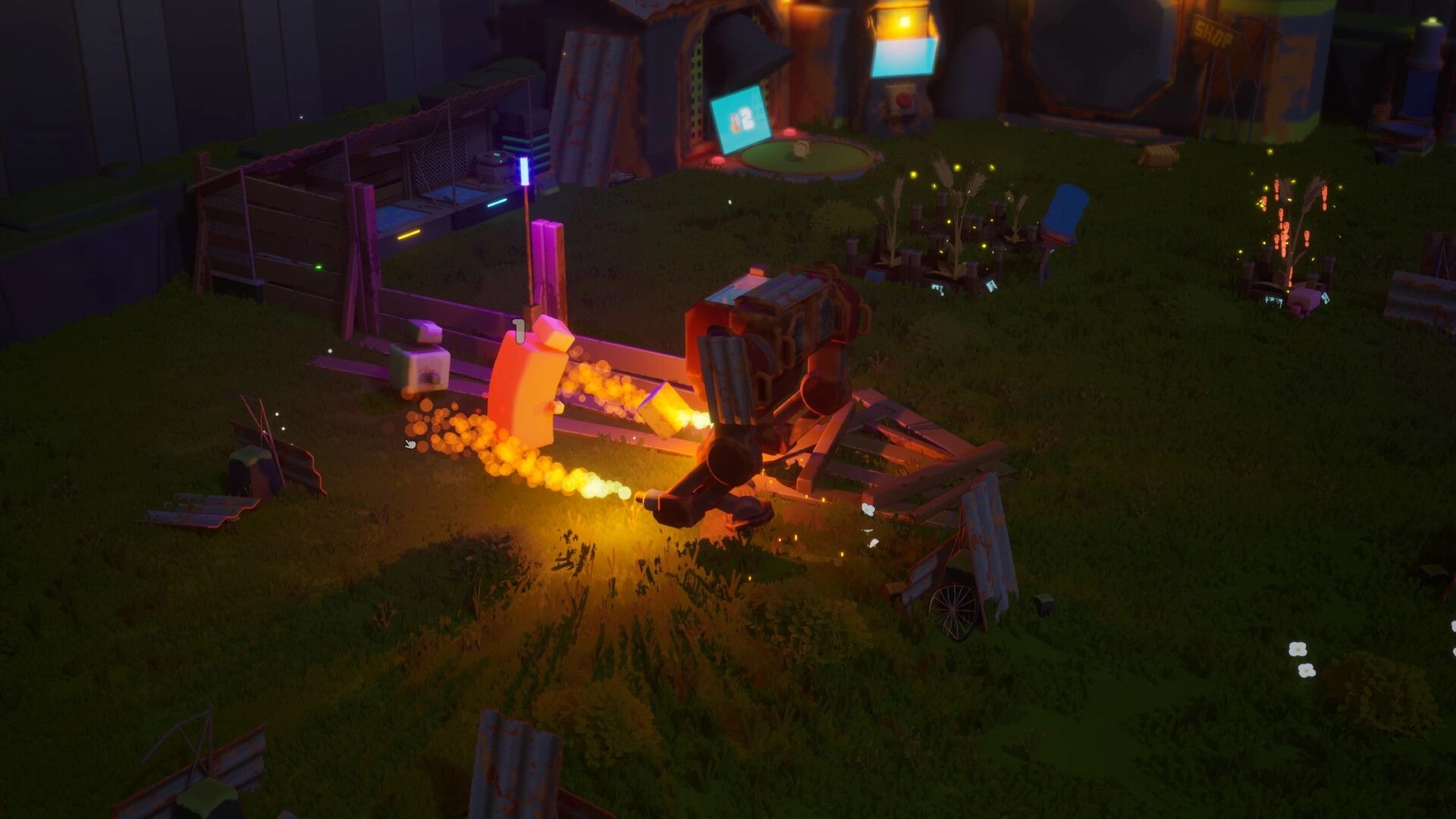 Can't Stop Rory: Mech patrols grassy farm at night, defending against threats near illuminated structures