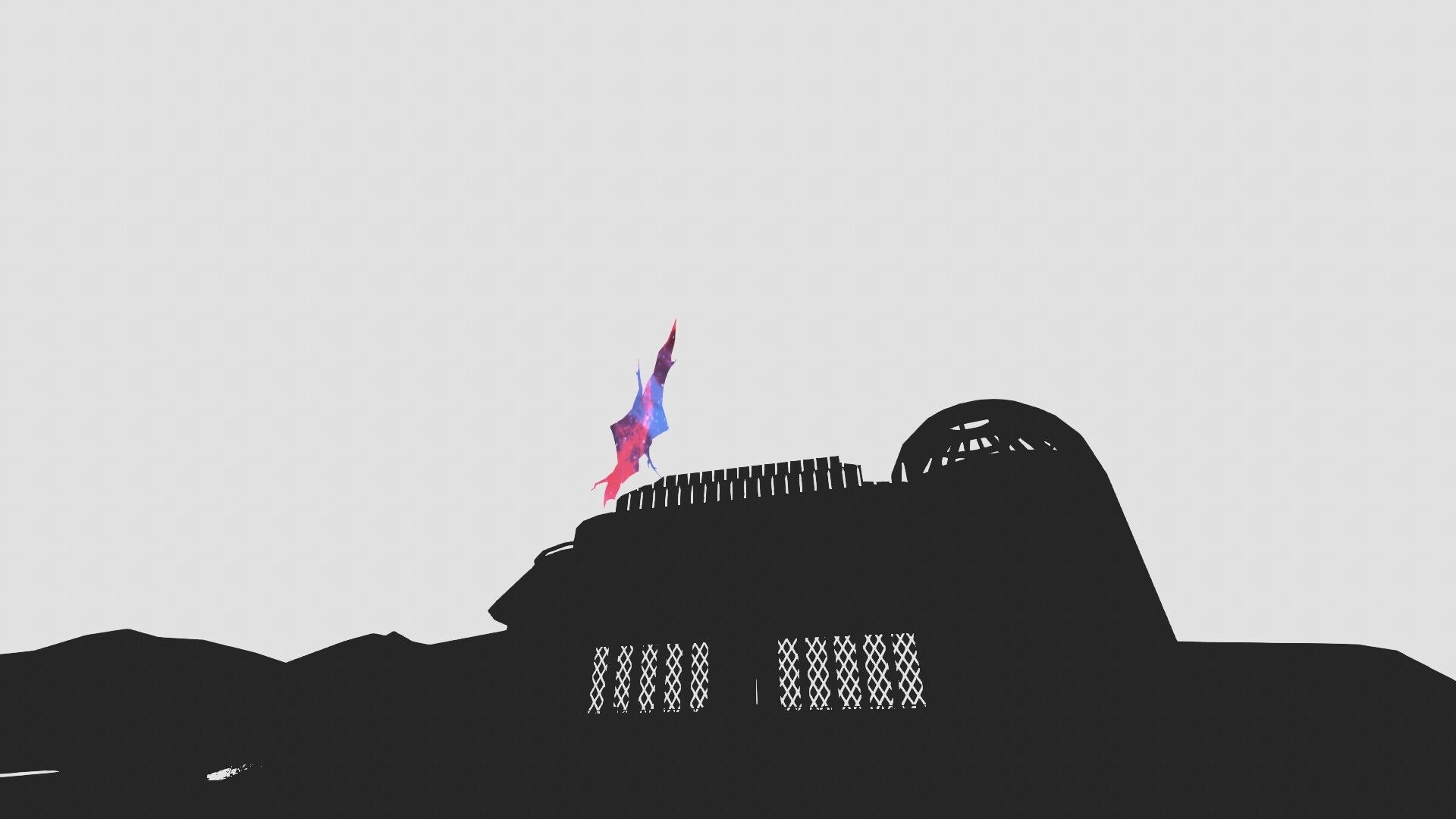Canvas: Silhouette of a fortress with a colorful, abstract shape rising against a plain background