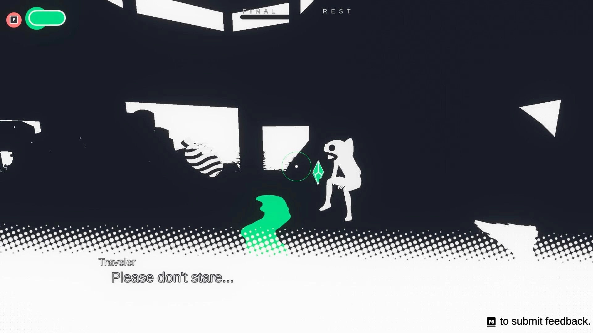 Canvas: Silhouette of a traveler in a dark room with glowing green element and dialogue prompt.