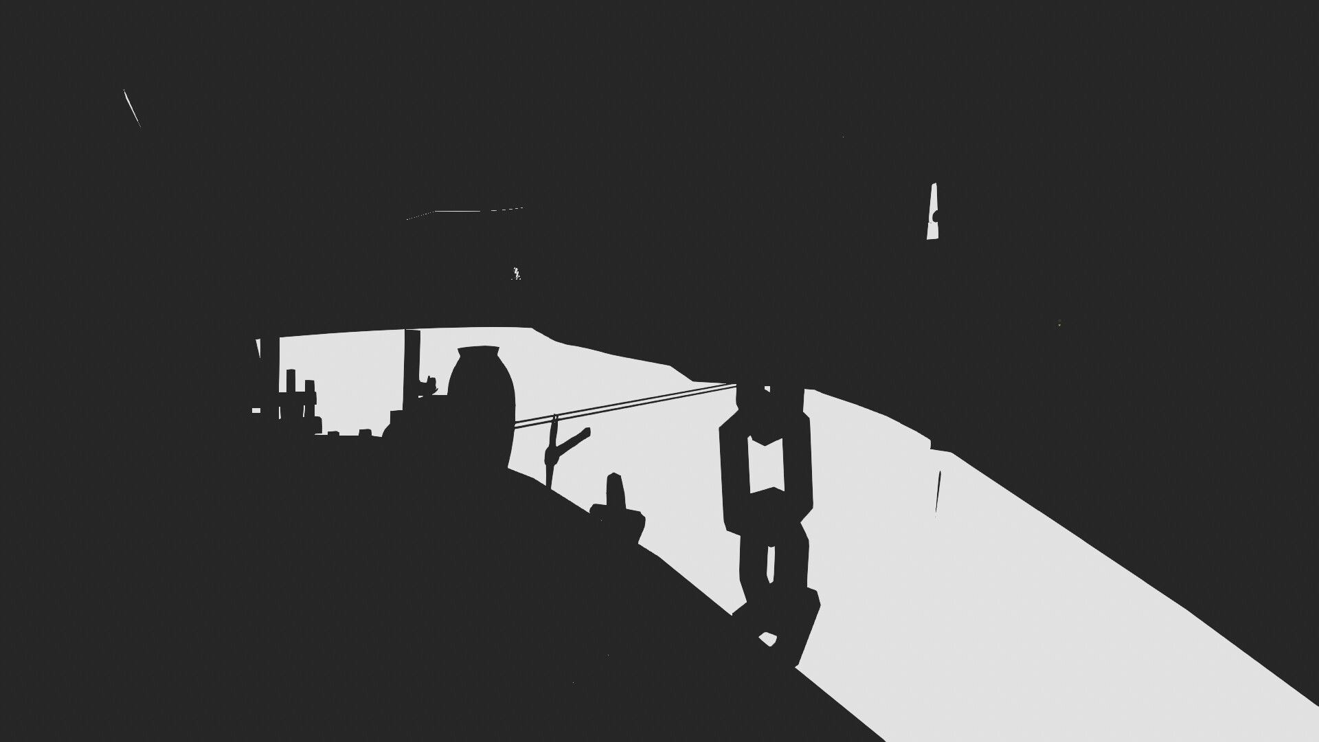 Canvas: Silhouetted industrial landscape with large chains and distant structures in stark contrast