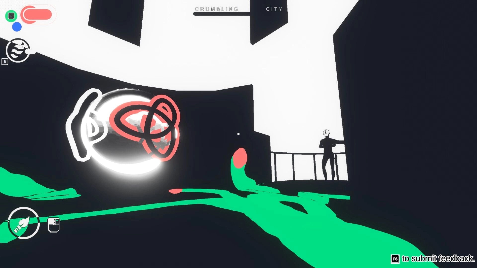 Canvas: Glowing orb and paint trail in Crumbling City with silhouetted figure on a platform