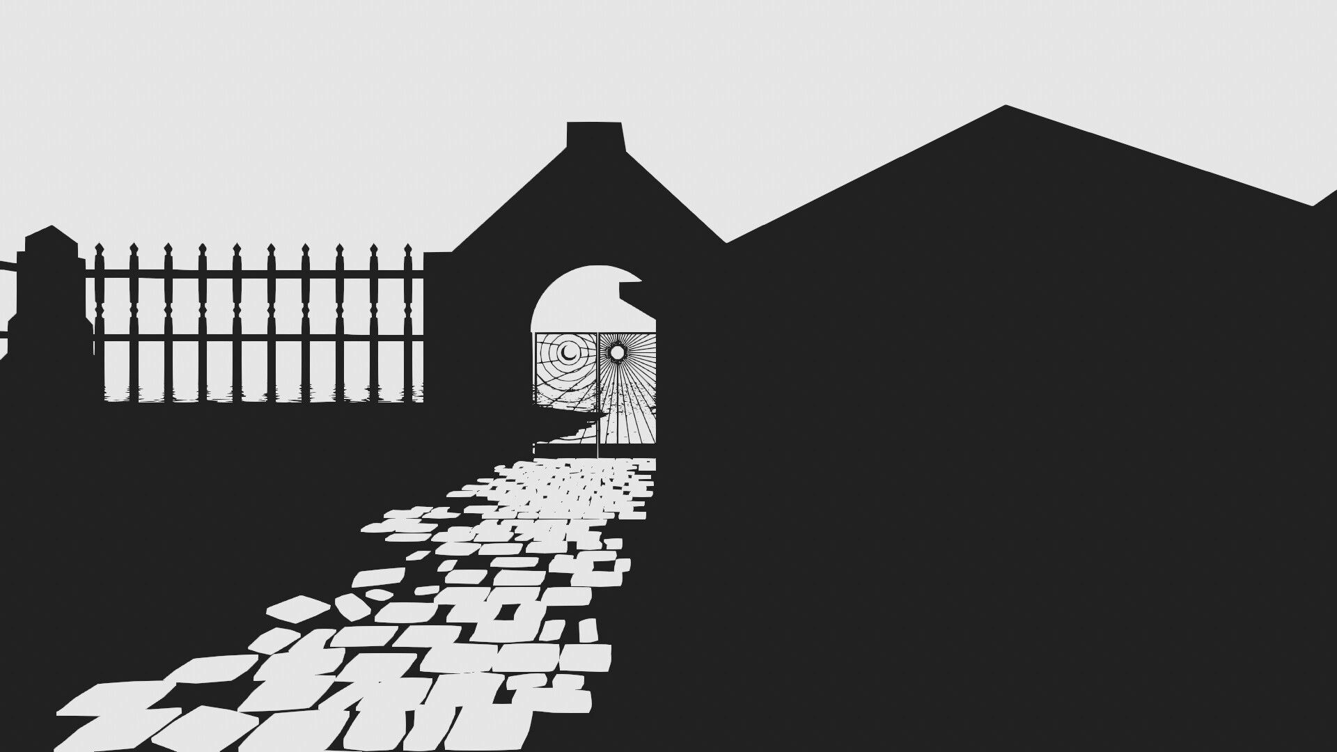 Canvas: Cobblestone path leads to a mysterious gate with geometric patterns in a silhouetted courtyard.