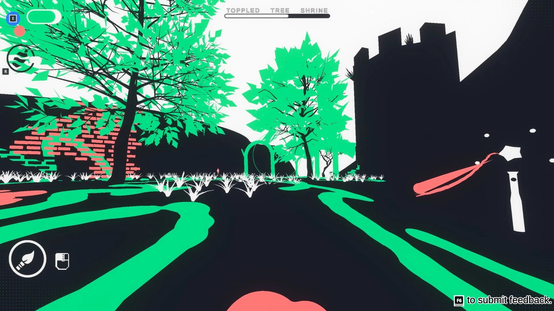 Canvas: Vibrant forest path with UI paintbrush icon and toppled tree shrine progress bar visible