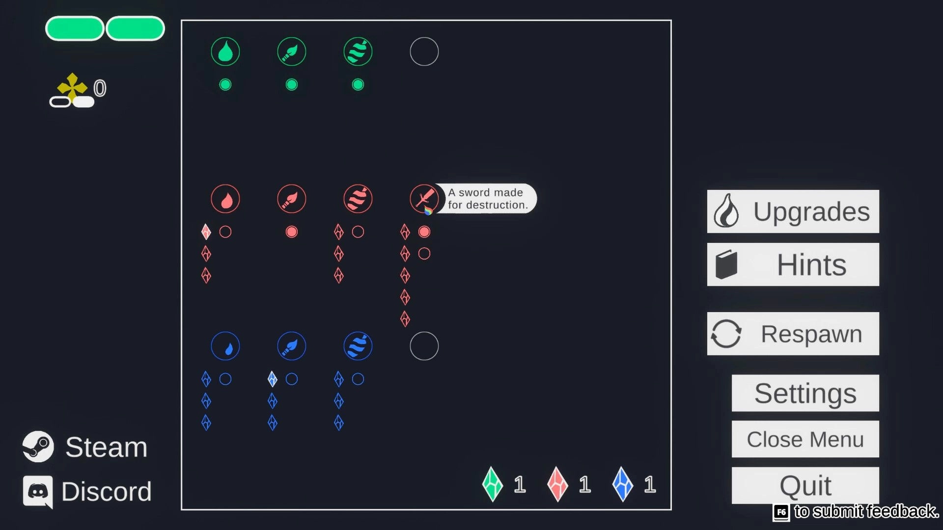Canvas: Ability upgrade menu with skill icons, resource counters, and options for hints and settings
