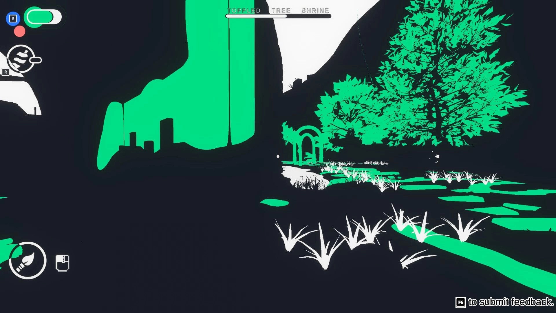 Canvas: Player explores stylized forest scene with archway, UI elements, and plant growth indicators.