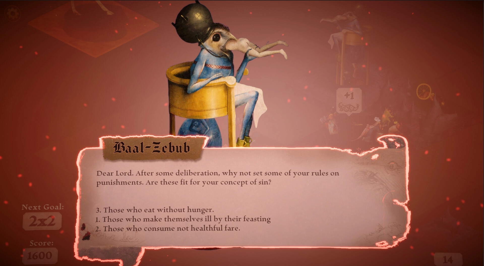 Canvas Infernum: Dialogue with Baal-Zebub in a surreal hellscape setting with score display on screen.
