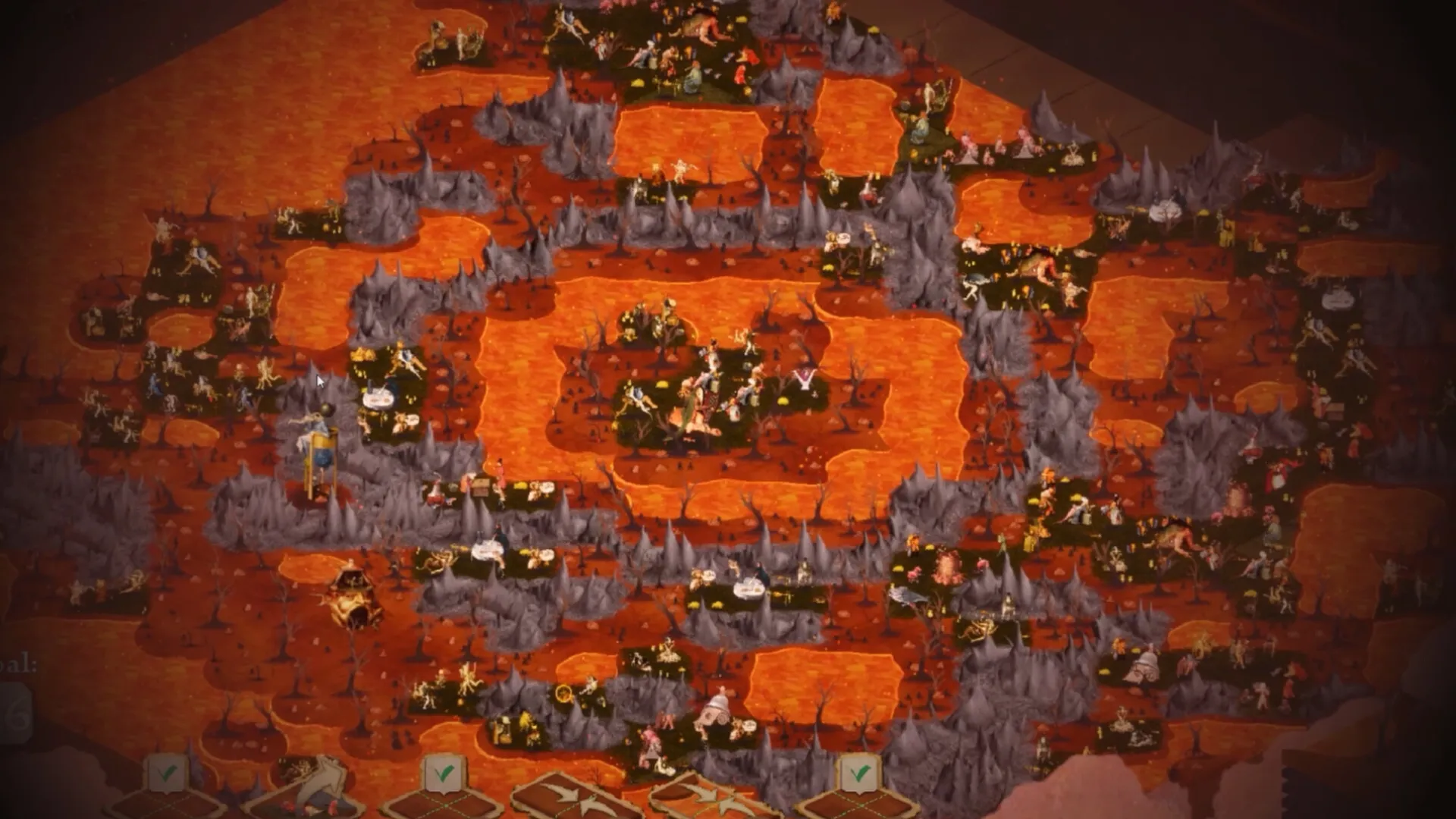 Canvas Infernum: Overhead view of hellish landscape with fiery tiles and historical art characters