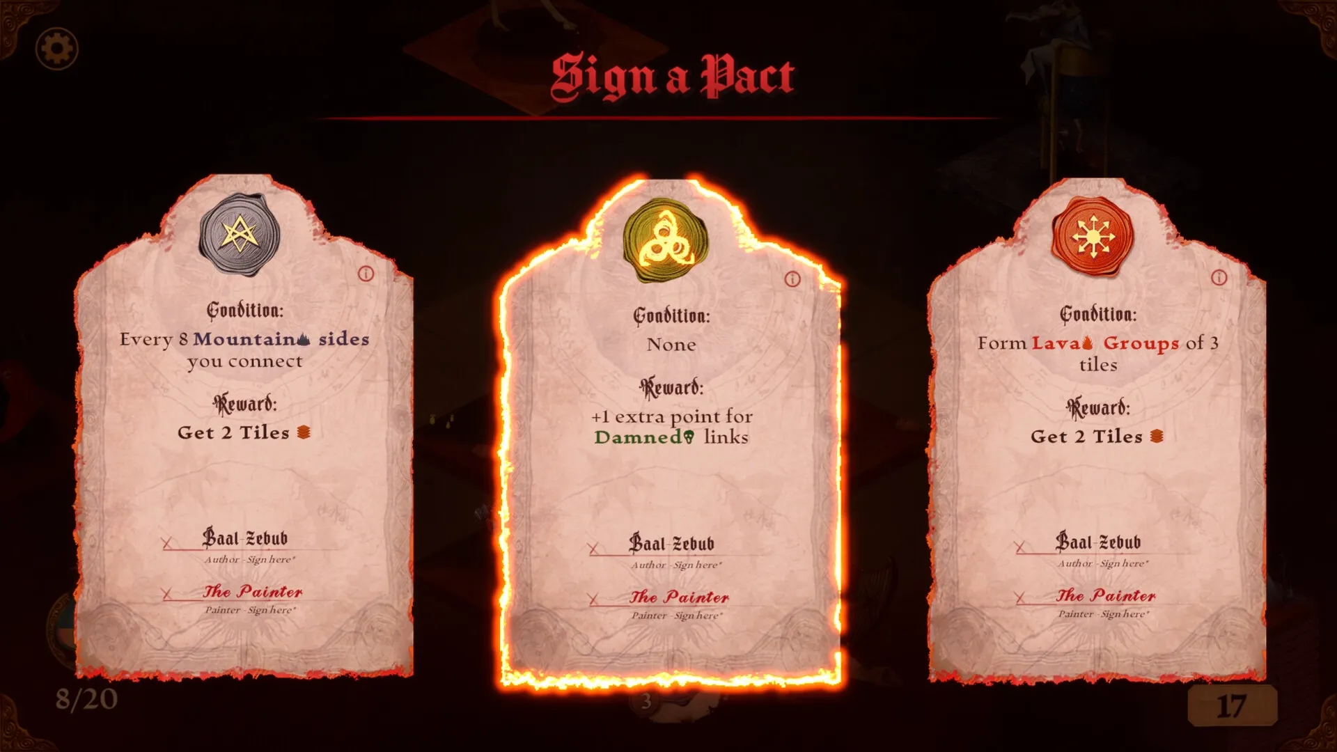 Canvas Infernum: "Sign a Pact" menu with three pact options displayed in a dark, infernal setting.