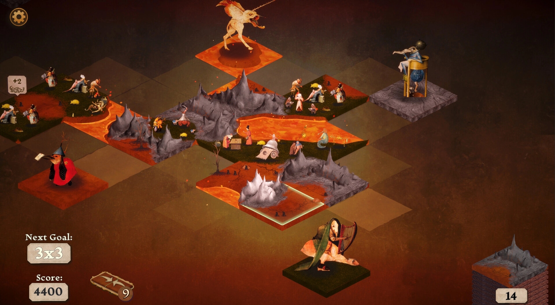 Canvas Infernum: Tile placement with historical figures and creatures in a surreal hellish landscape.