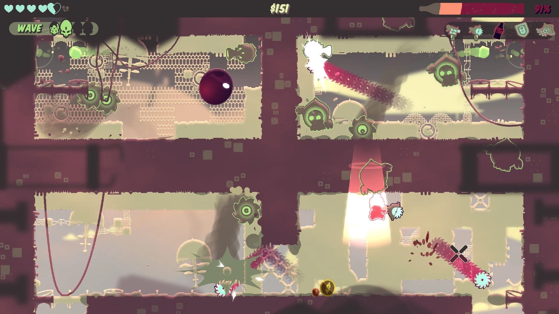 Captain Soda: Combat with green alien creatures in a maze-like platform environment, health and score visible.