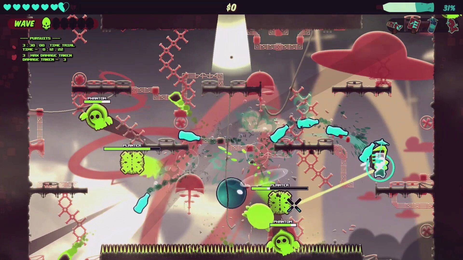 Captain Soda: Battle with green aliens on platforms, using soda guns and avoiding spikes in alien base.