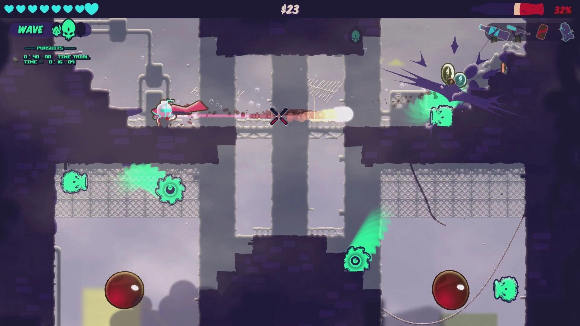 Captain Soda: Player shoots soda stream at aliens in industrial platform level with UI elements visible