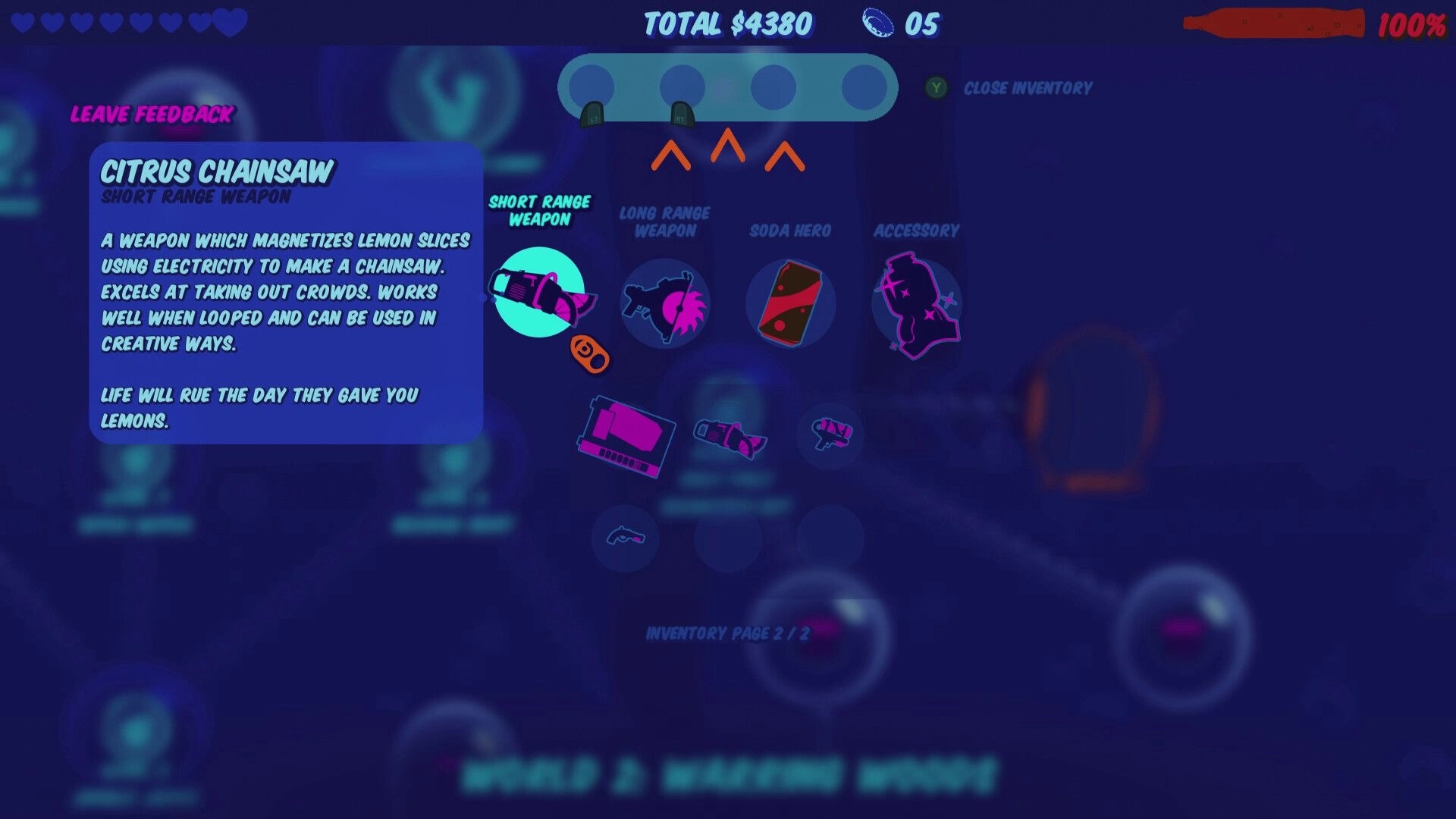 Captain Soda: Inventory menu displaying Citrus Chainsaw weapon description in vibrant blue interface.