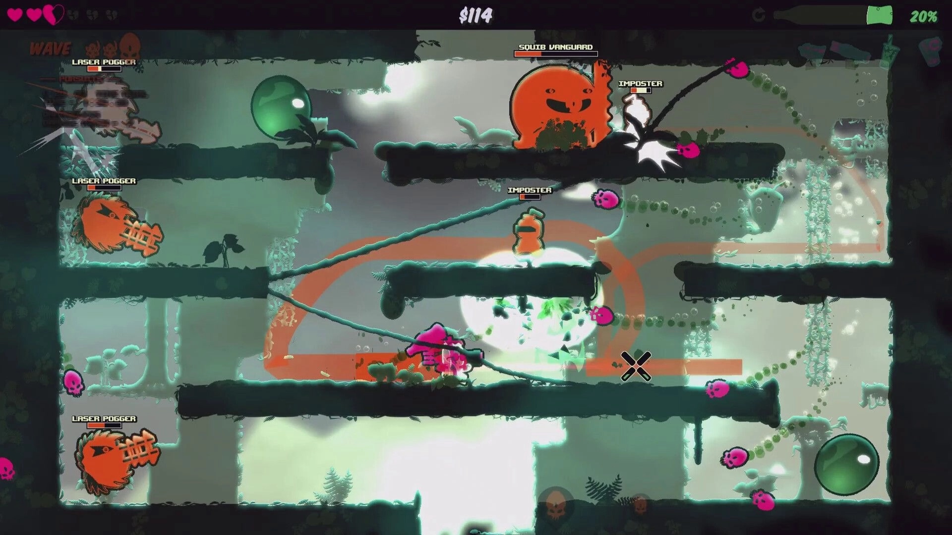 Captain Soda: Platform combat scene with soda enemies and score display in a glowing cave setting