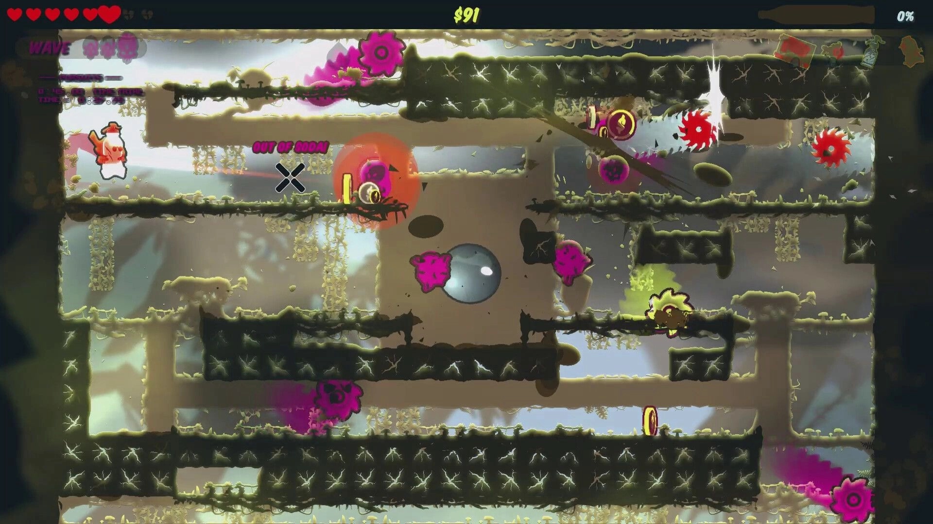 Captain Soda: Platform action with character navigating obstacles and collecting coins, out of soda ammo.