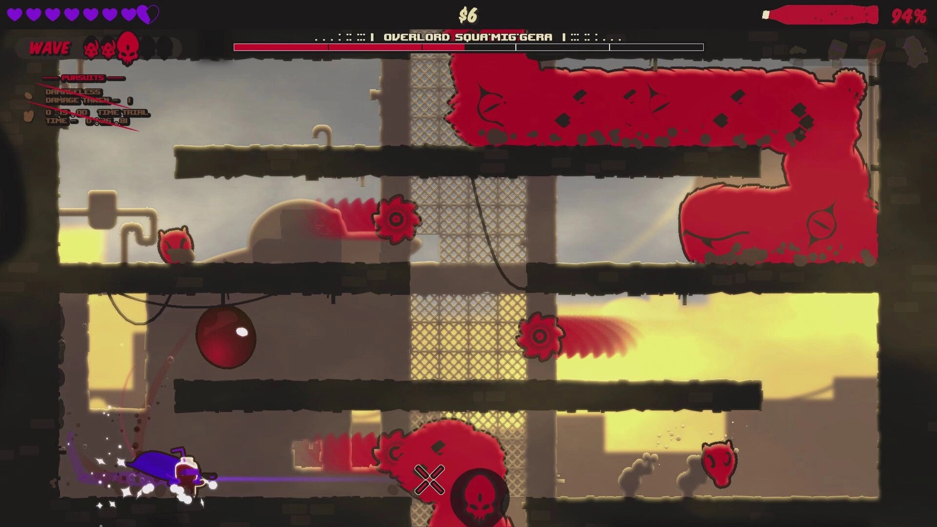Captain Soda: Battling red alien blobs on industrial platforms with health and score UI at the top
