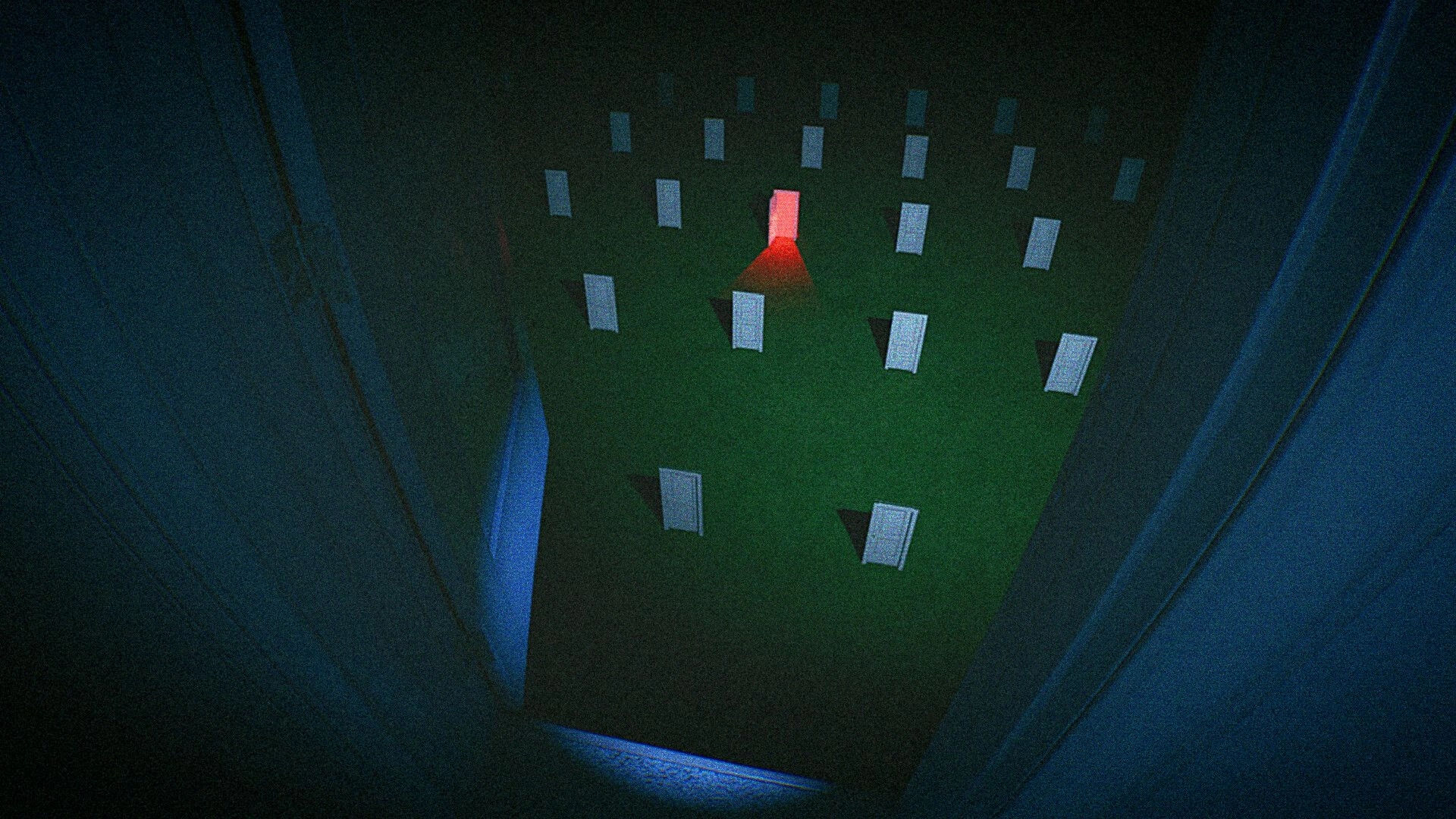 CAPTURED 2: Peering into a dark room filled with many white doors, one glowing red ahead.