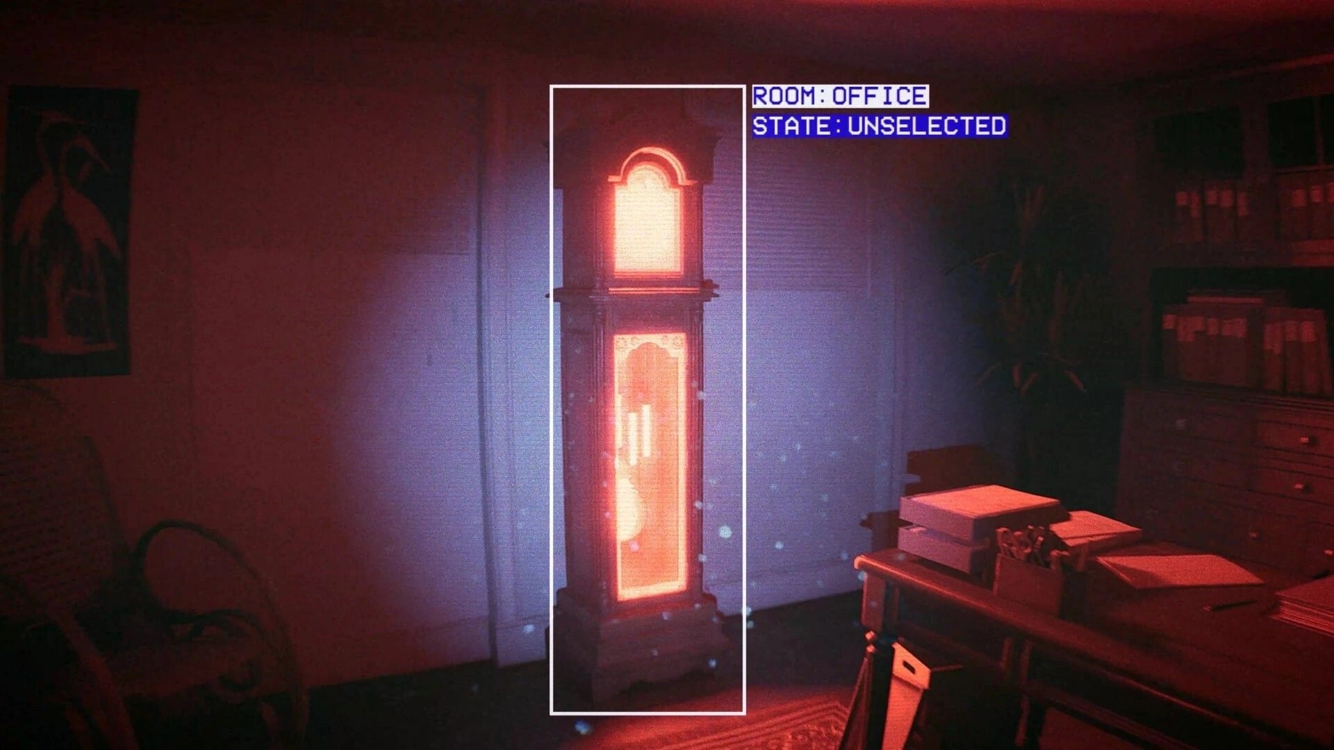 CAPTURED 2: Camera view frames a glowing grandfather clock in a dim office with desk and shelves.