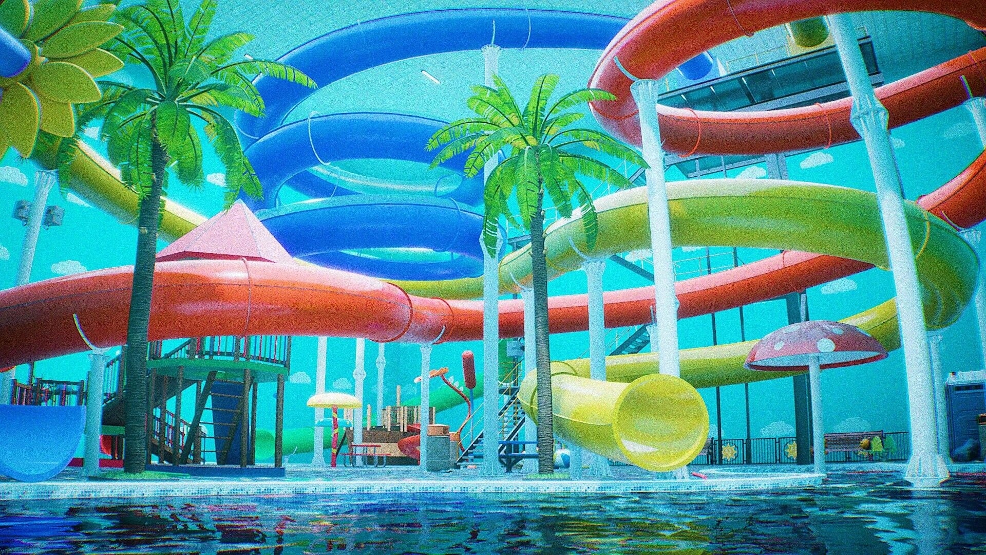 CAPTURED 2: First-person view of empty indoor waterpark slides and pool with palm trees and stairs.
