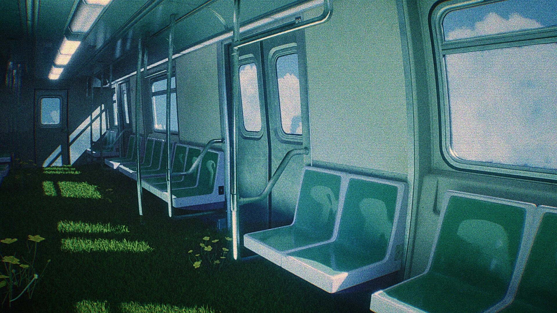 CAPTURED 2: Empty subway car with teal seats and grass growing on the floor under bright daylight.