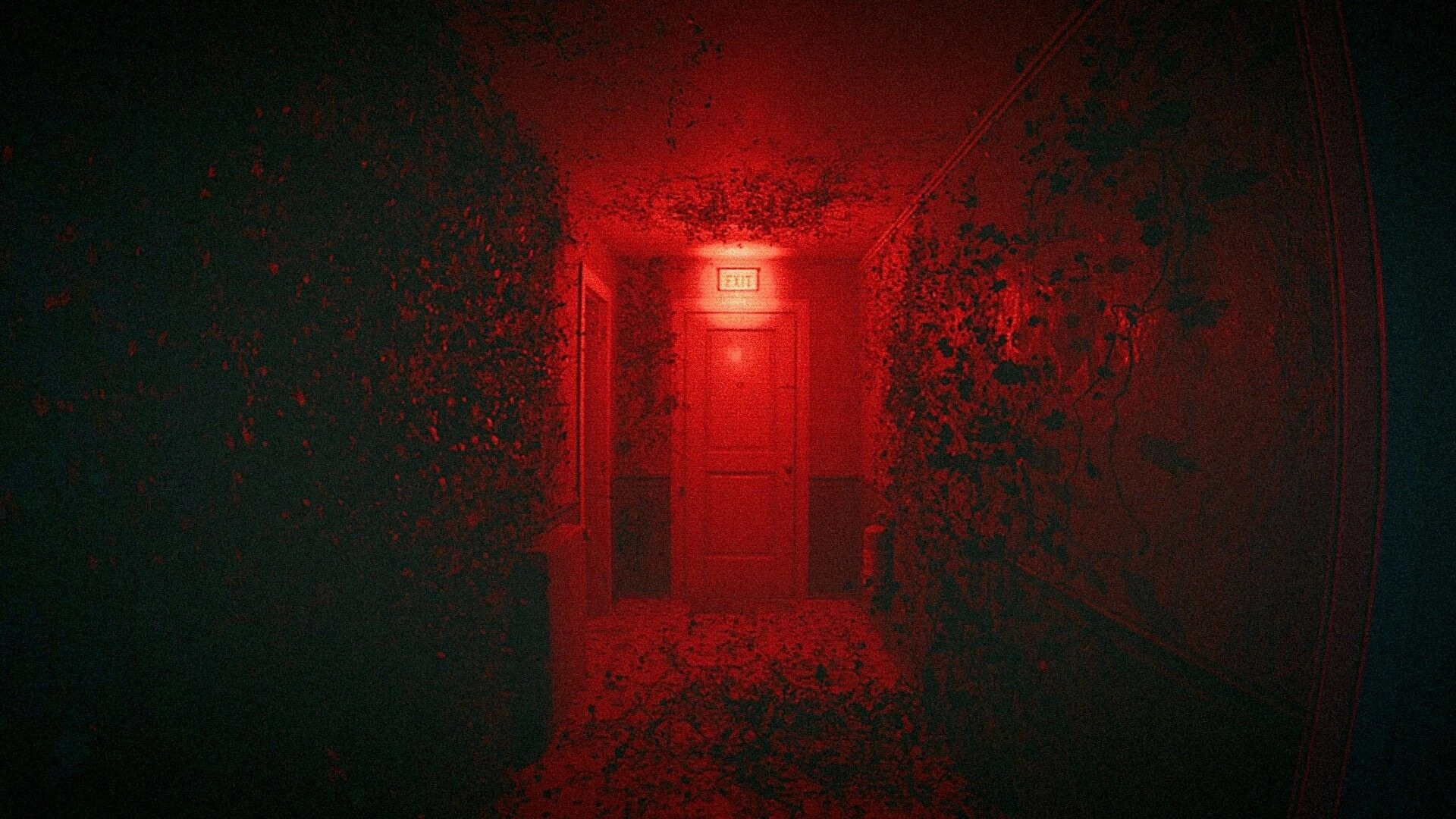 CAPTURED 2: First-person view of red-lit hallway with EXIT sign above a closed door, walls crawling with mold.