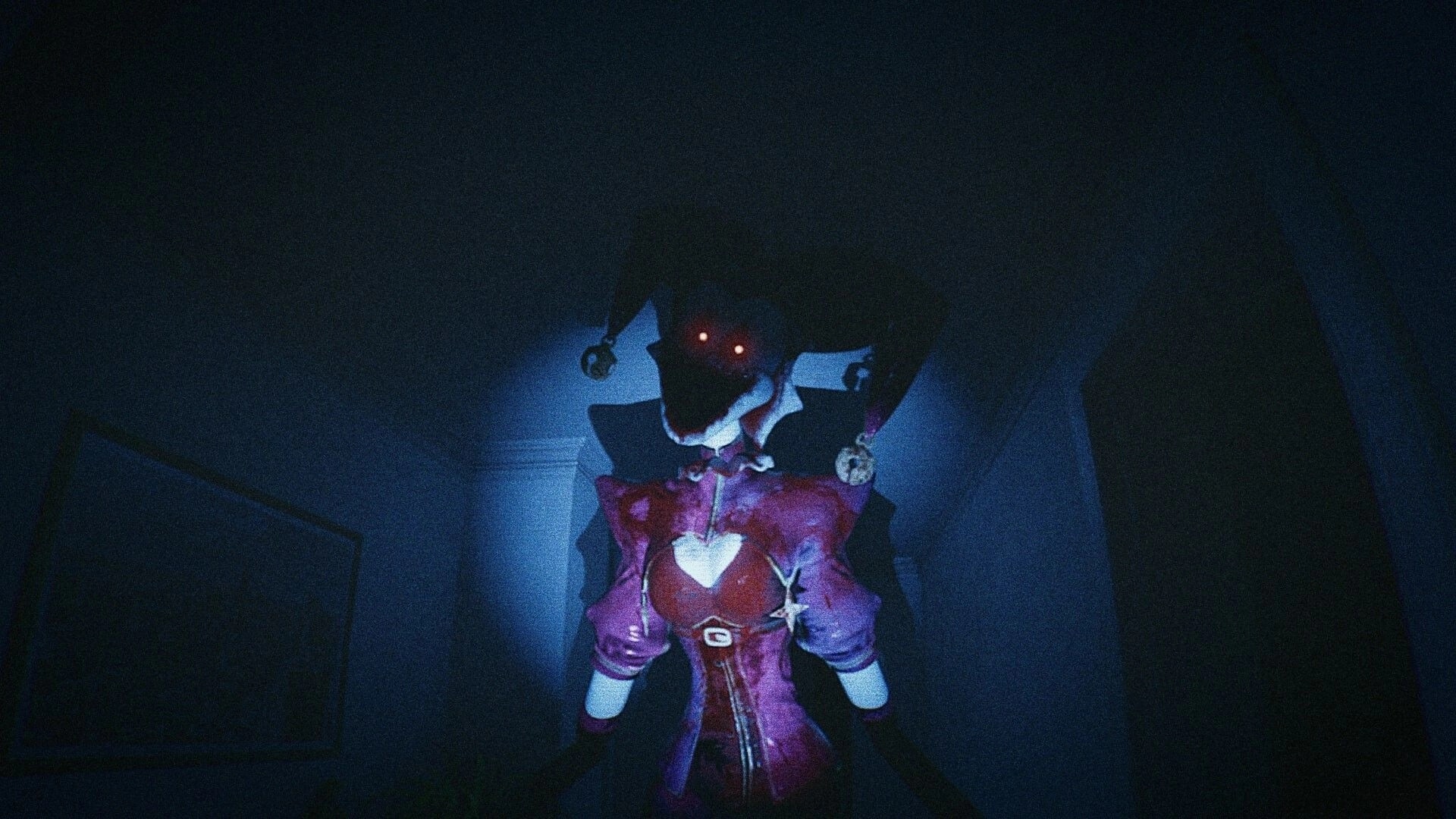 CAPTURED 2: Red-eyed doll-like entity in pink dress looms in a dim blue apartment hallway.