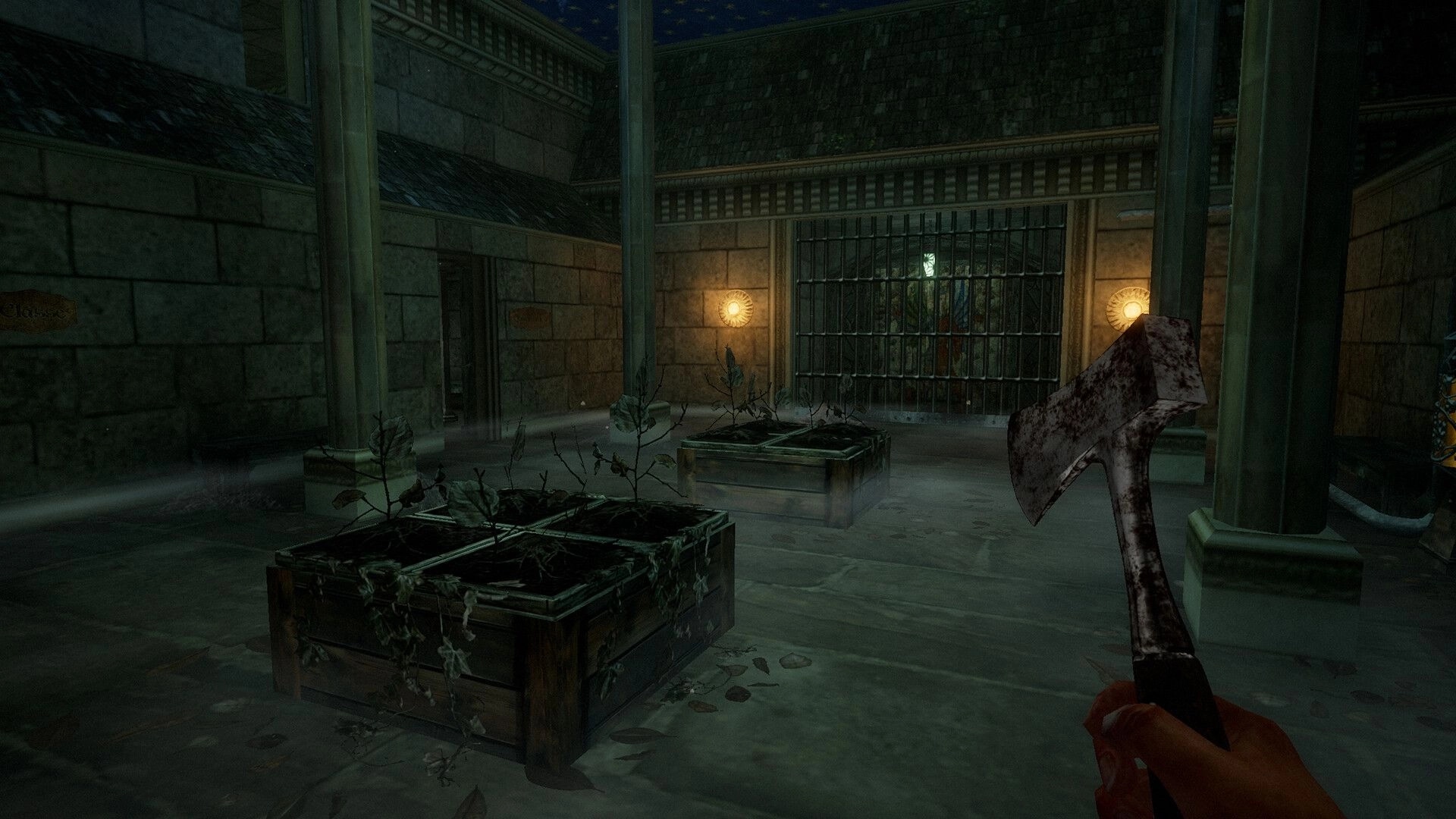 Caput Mortum: Player holds axe in dim alchemist's courtyard with plants and gated door ahead.