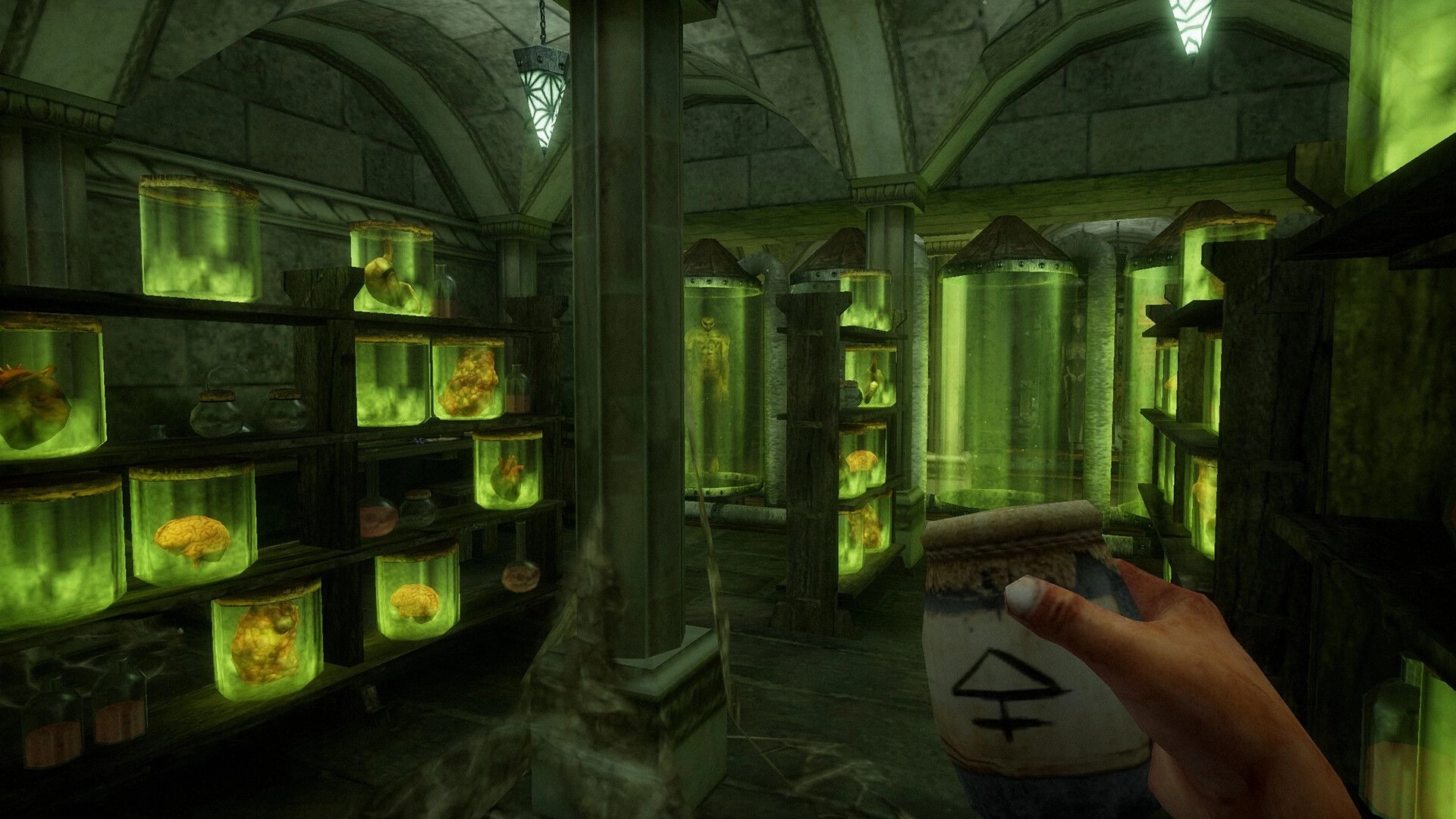 Caput Mortum: Player explores eerie laboratory filled with glowing jars of preserved organs and creatures.