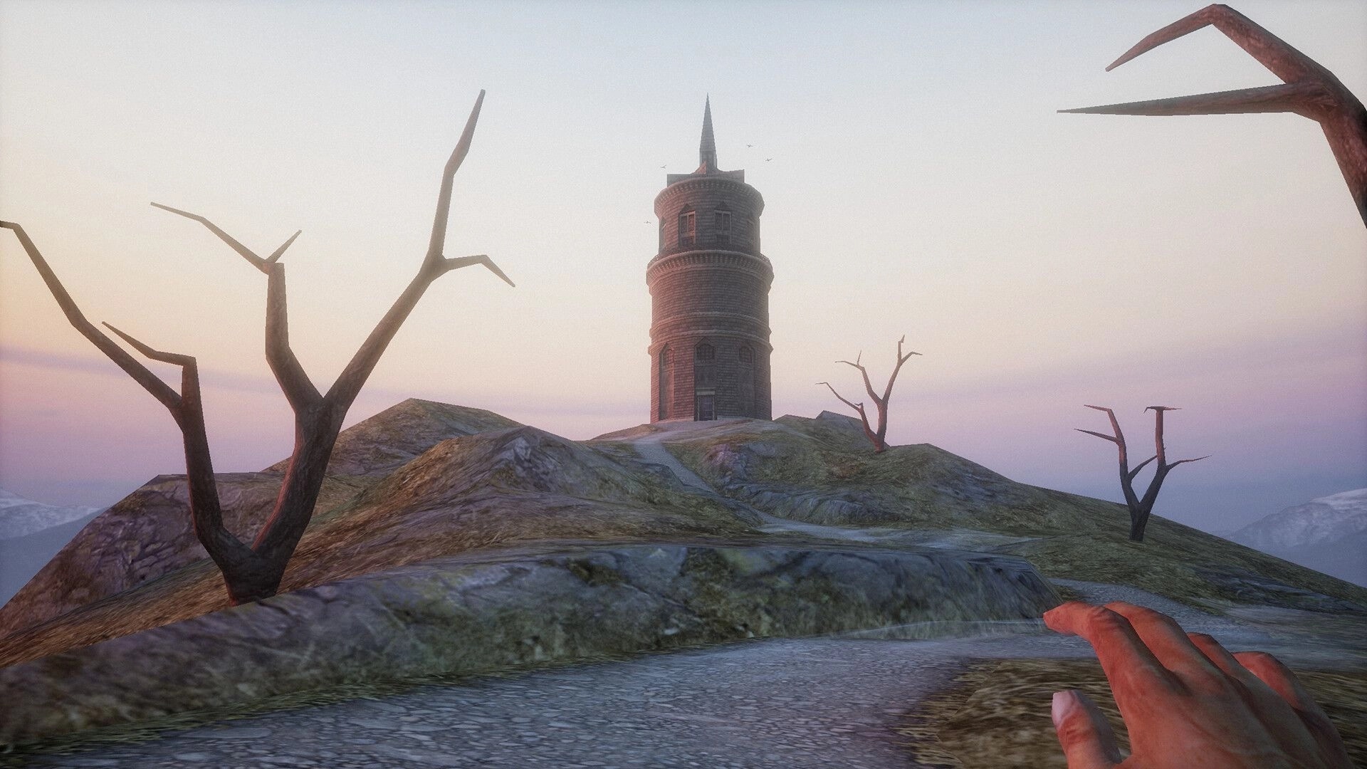 Caput Mortum: Player's hand reaching toward distant alchemist's tower on barren hillside at dusk