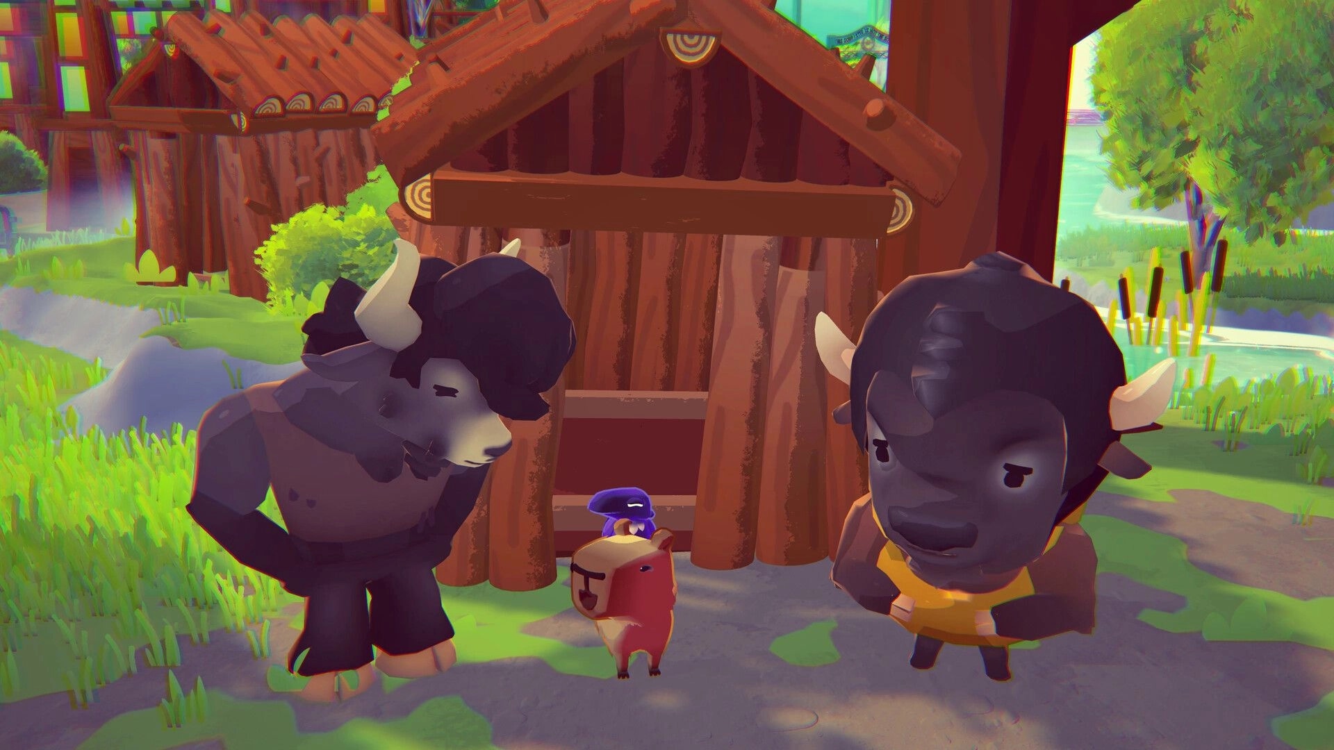 Capy Castaway: Capybara pup and crow talk to two buffaloes in front of a rustic wooden hut in a meadow.