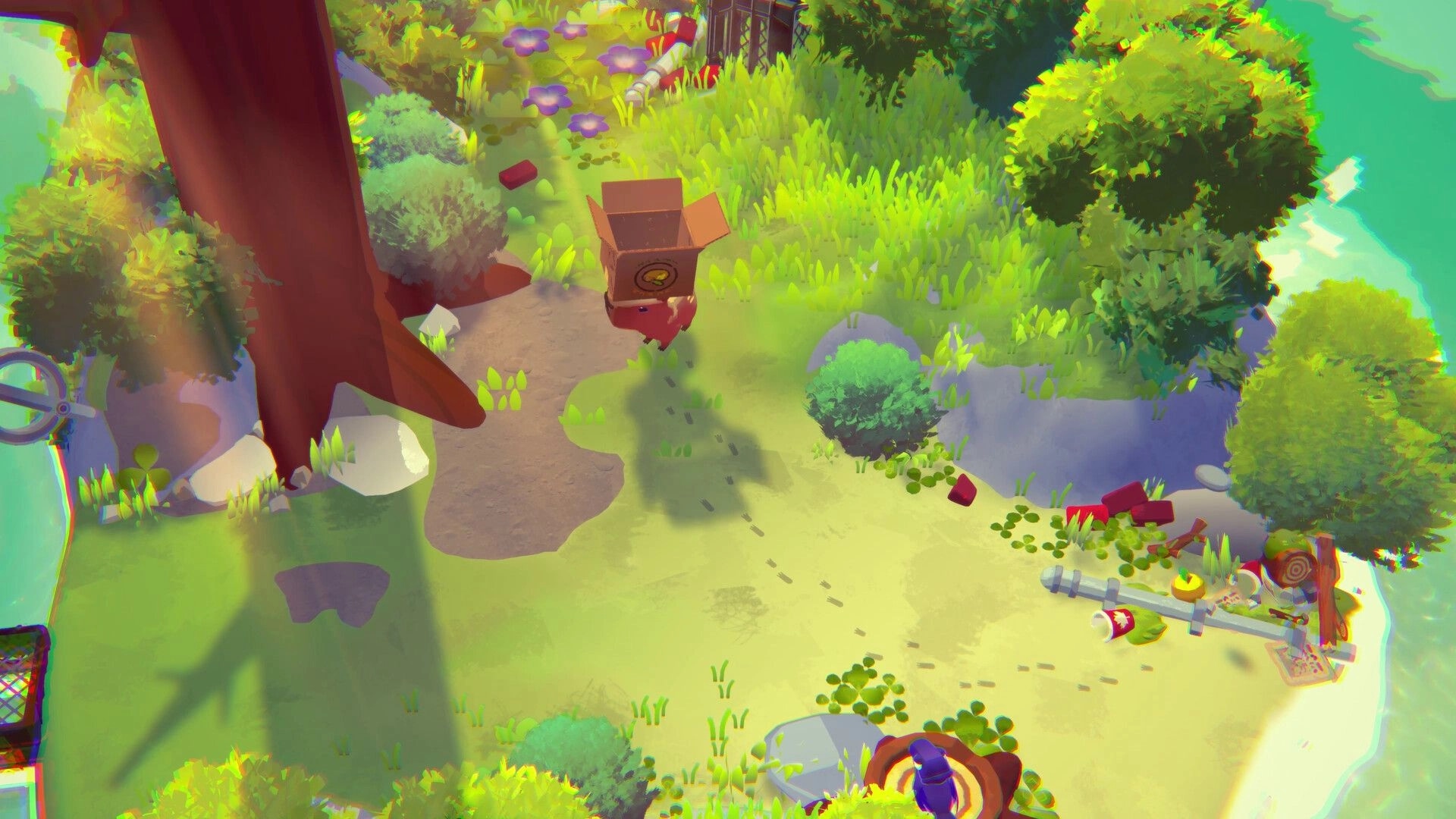 Capy Castaway: Capybara pup with box on head explores sunny forest path near bright flowers and trees