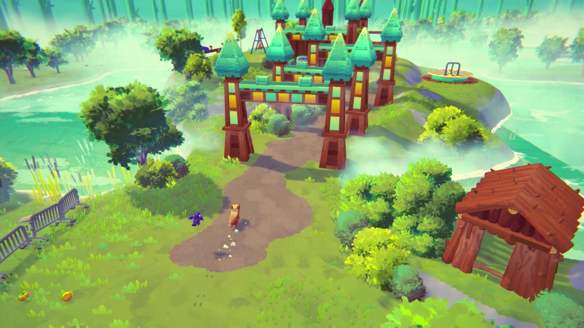 Capy Castaway: Capybara and crow exploring vibrant forest path toward colorful castle structure