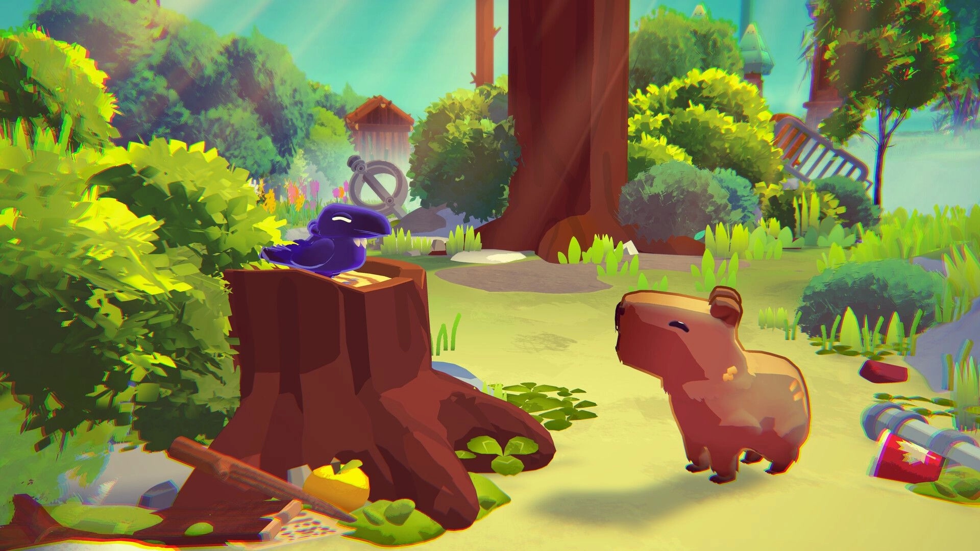 Capy Castaway: Capybara and crow interact beside a tree stump in a lush, sunlit forest clearing