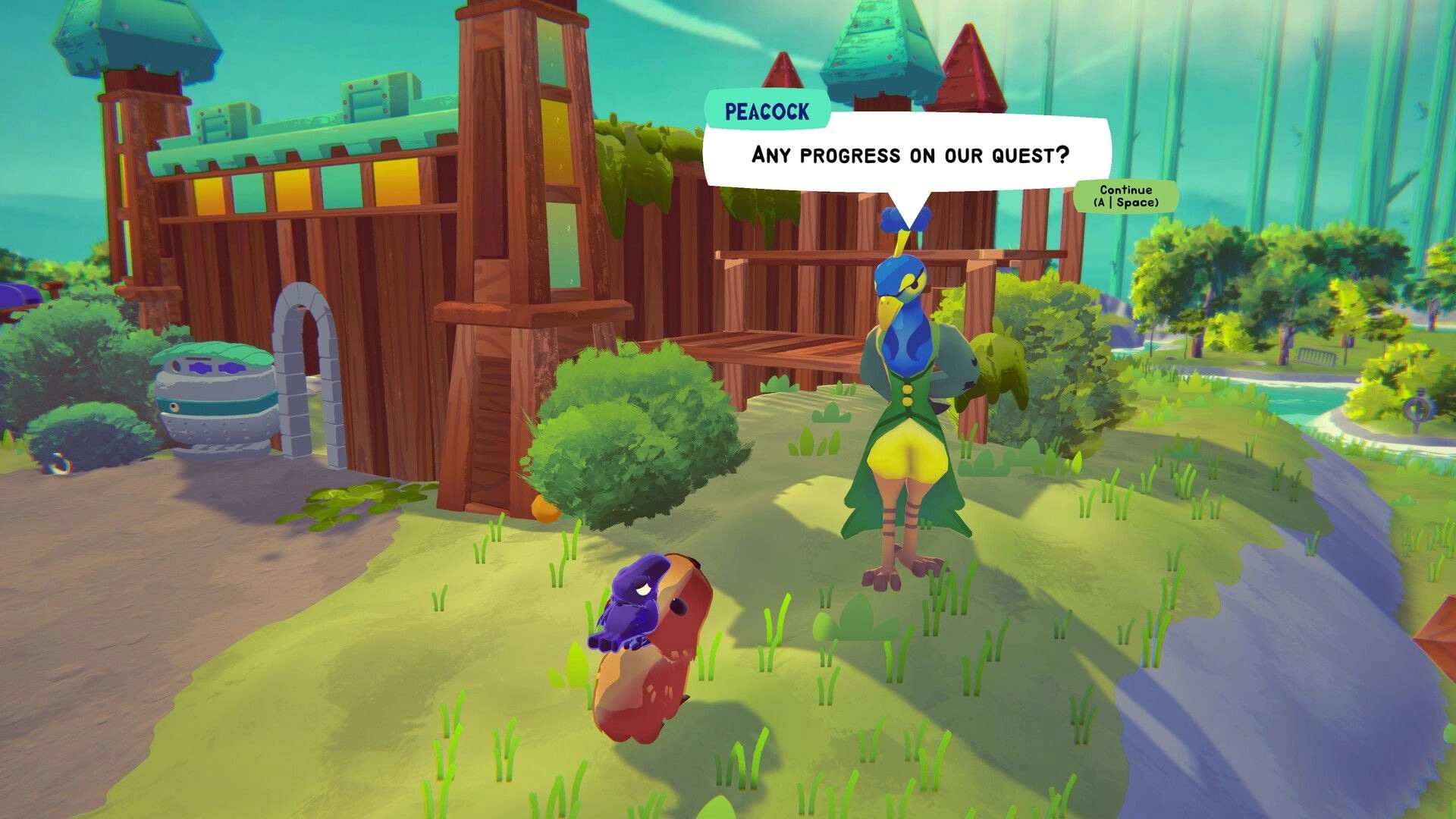 Capy Castaway: Capybara pup and crow converse with peacock in vibrant village setting near wooden building.